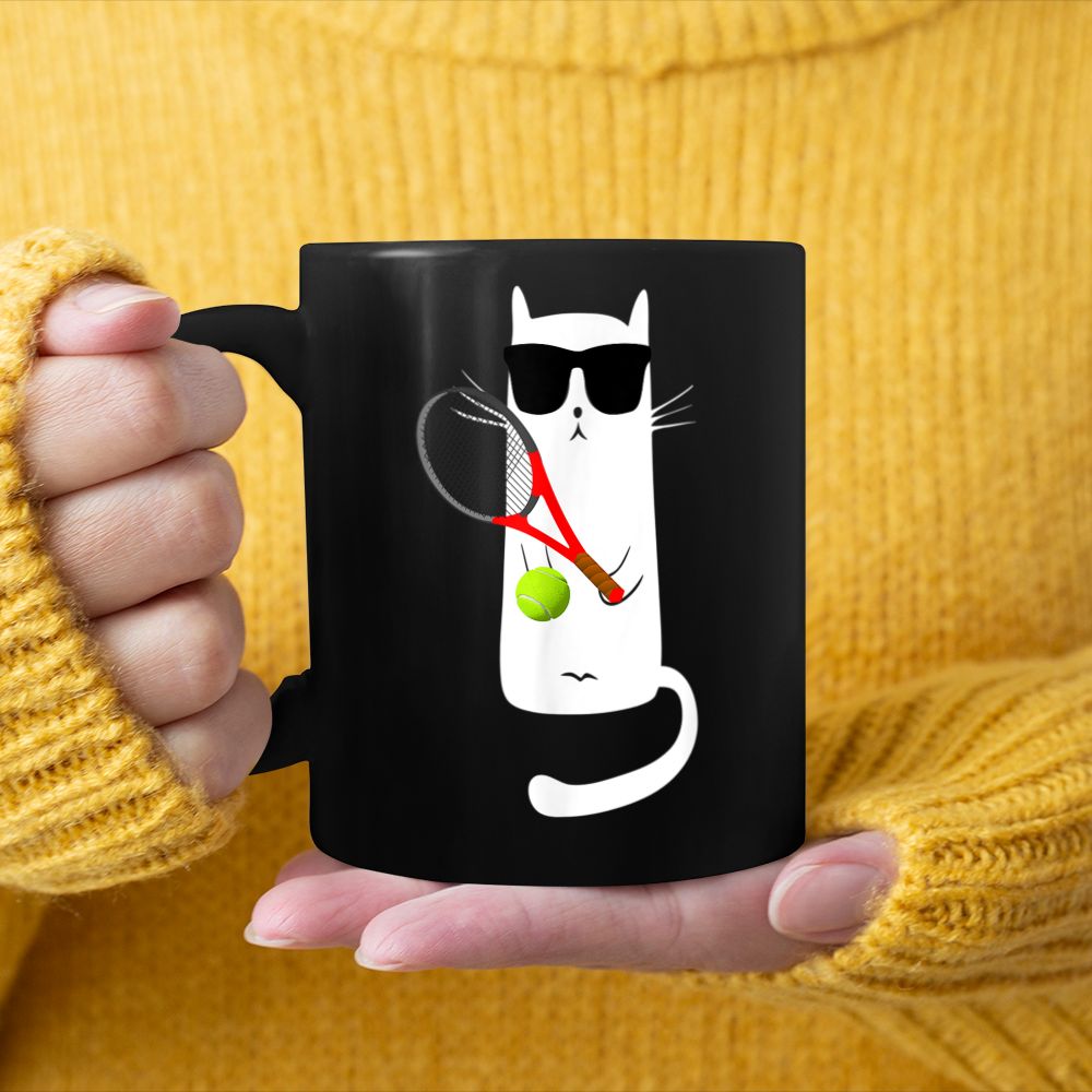 Funny Cat Wearing Sunglasses Playing Tennis Black Mug