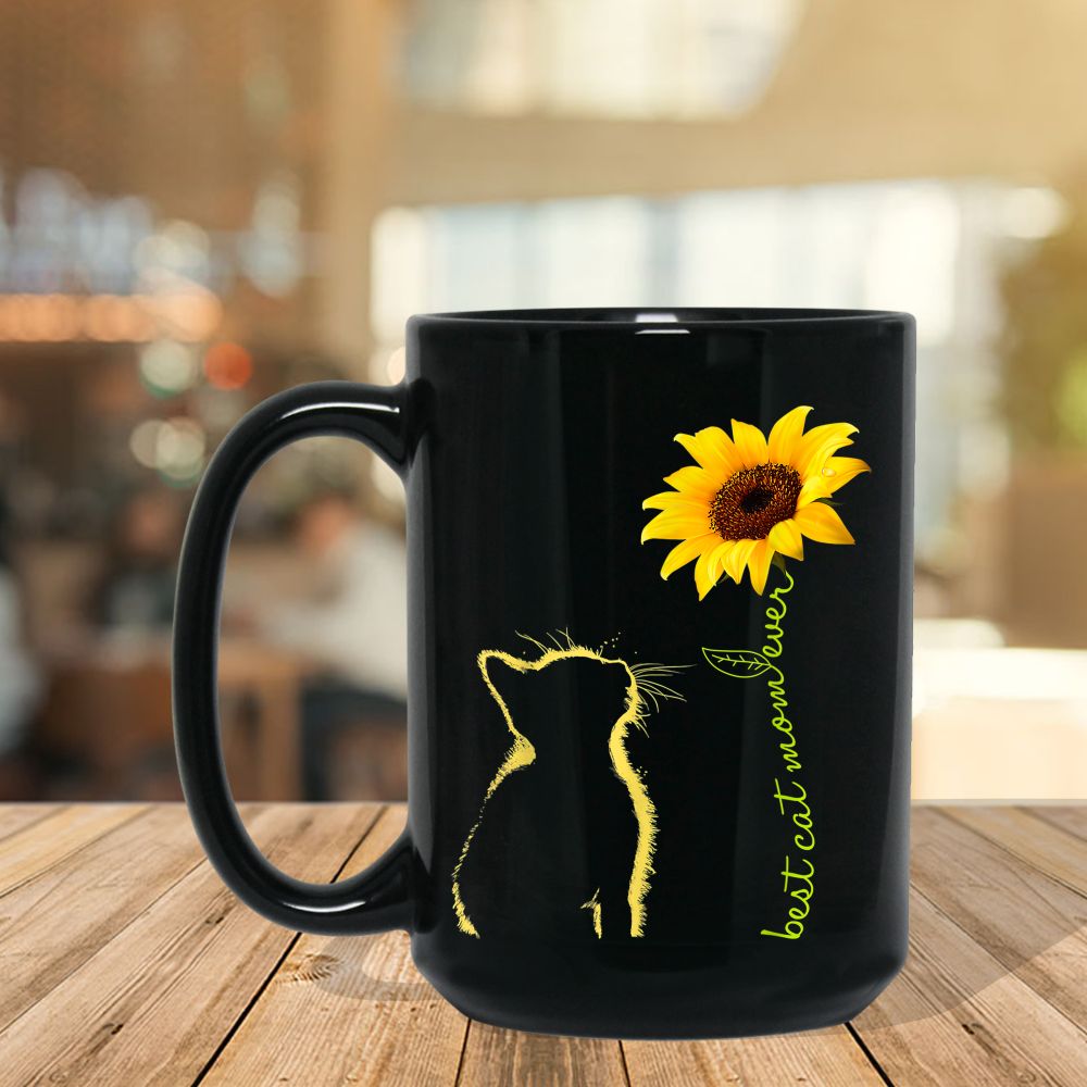 Best Cat Mom Ever Sunflower Mother's Days for Cat Lover (1) Black Mug