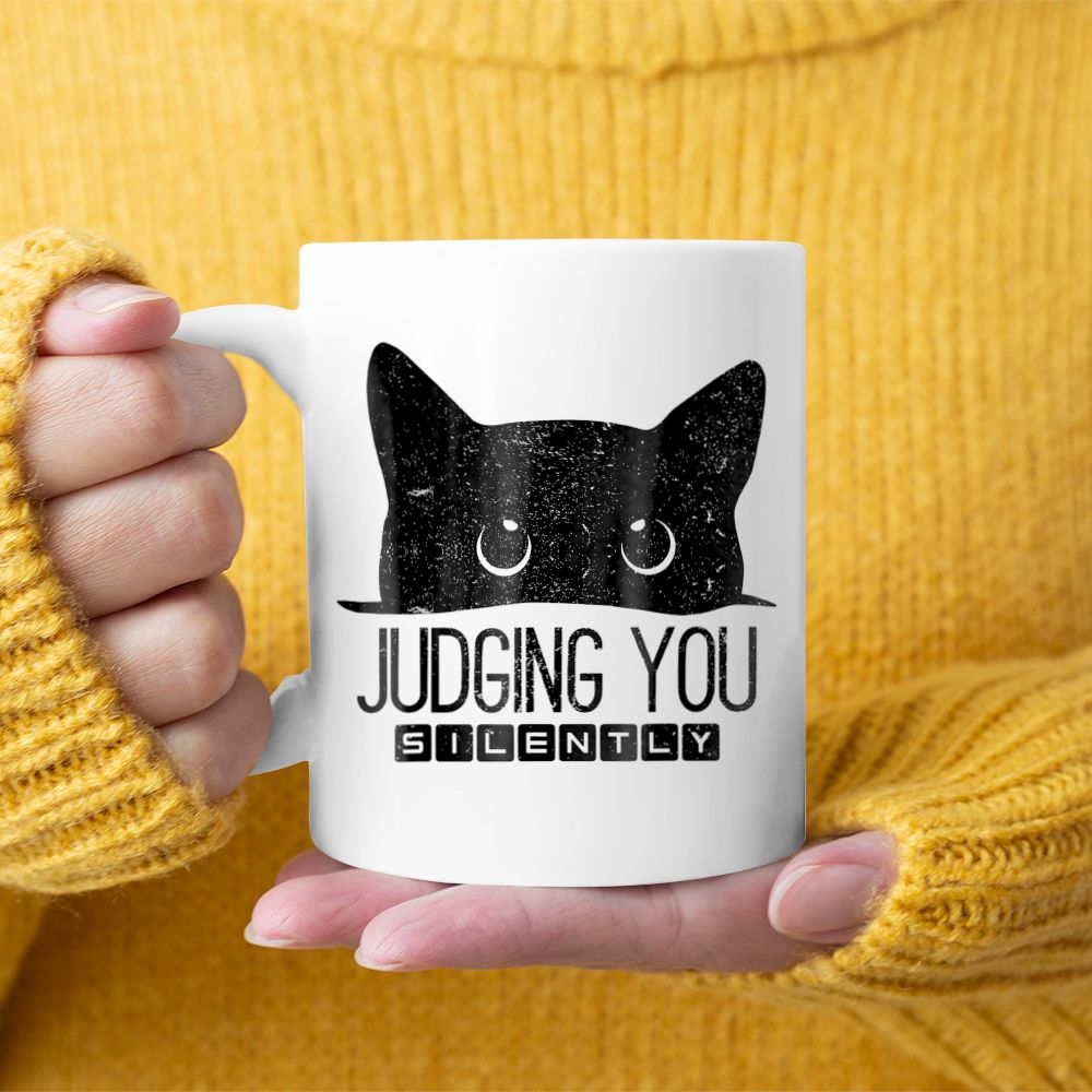 Funny Black Cat Judging You Silently Sarcastic Cat Mom Black Mug