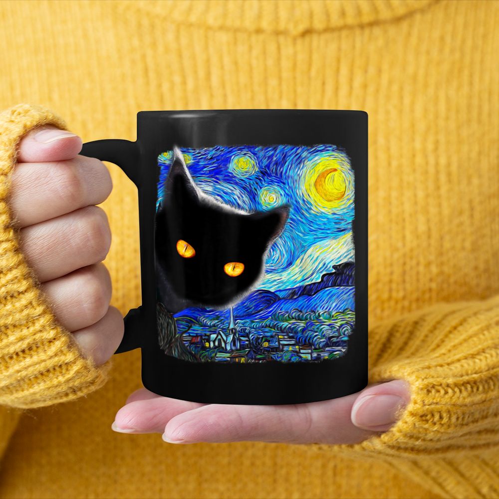 Starry Night Cat, Van Gogh Cat, Cat Art Lover, Cat Mom Dad Black Mug
