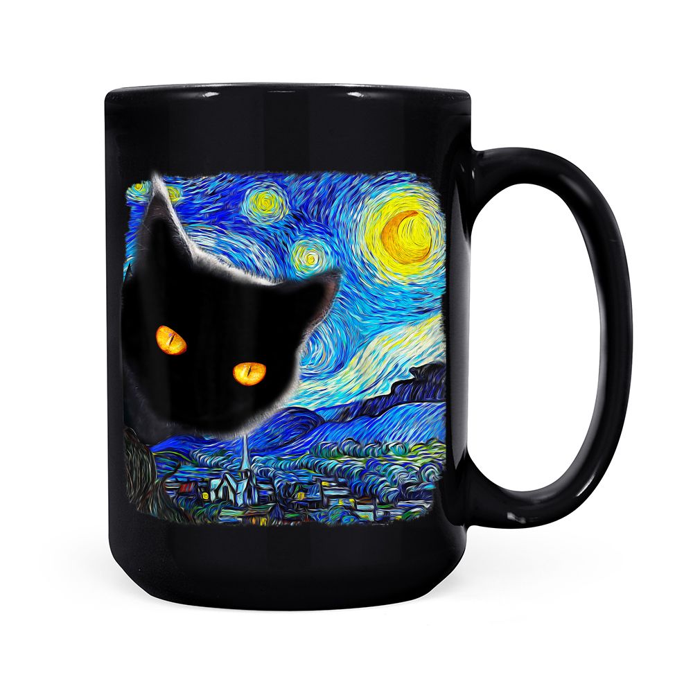 Starry Night Cat, Van Gogh Cat, Cat Art Lover, Cat Mom Dad Black Mug