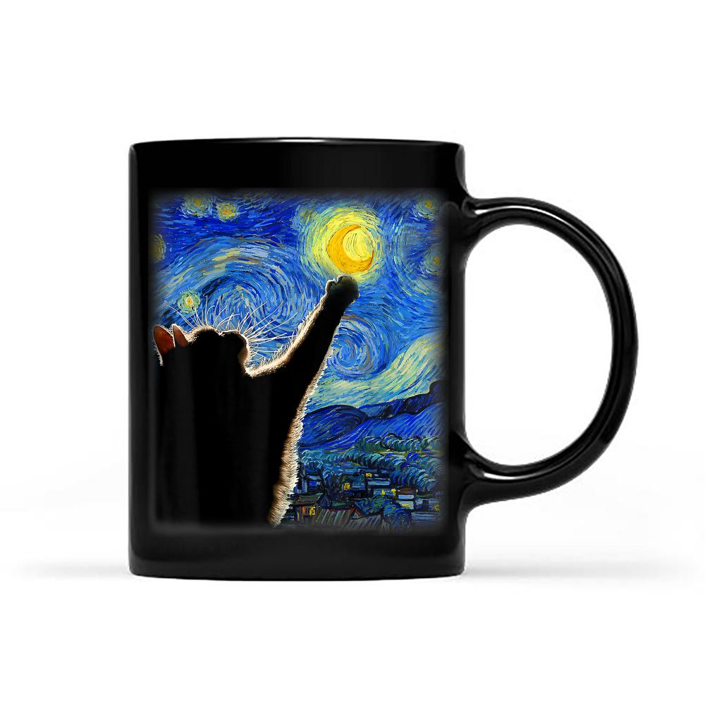 Starry Night Cat, Van Gogh Cat, Cat Lover, Cat Mom, Cat Dad (1) Black Mug