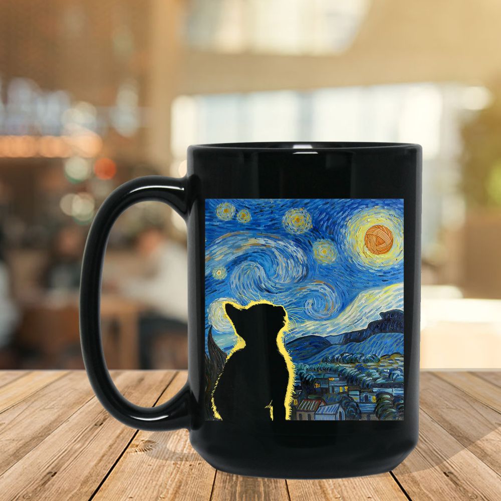Starry Night Cat, Van Gogh Cat, Cat Lover, Cat Mom, Cat Dad Black Mug