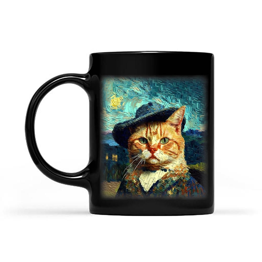 Starry Night Cat, Van Gogh Cat, Cat Mom, Cat Dad, Cat Lover Black Mug
