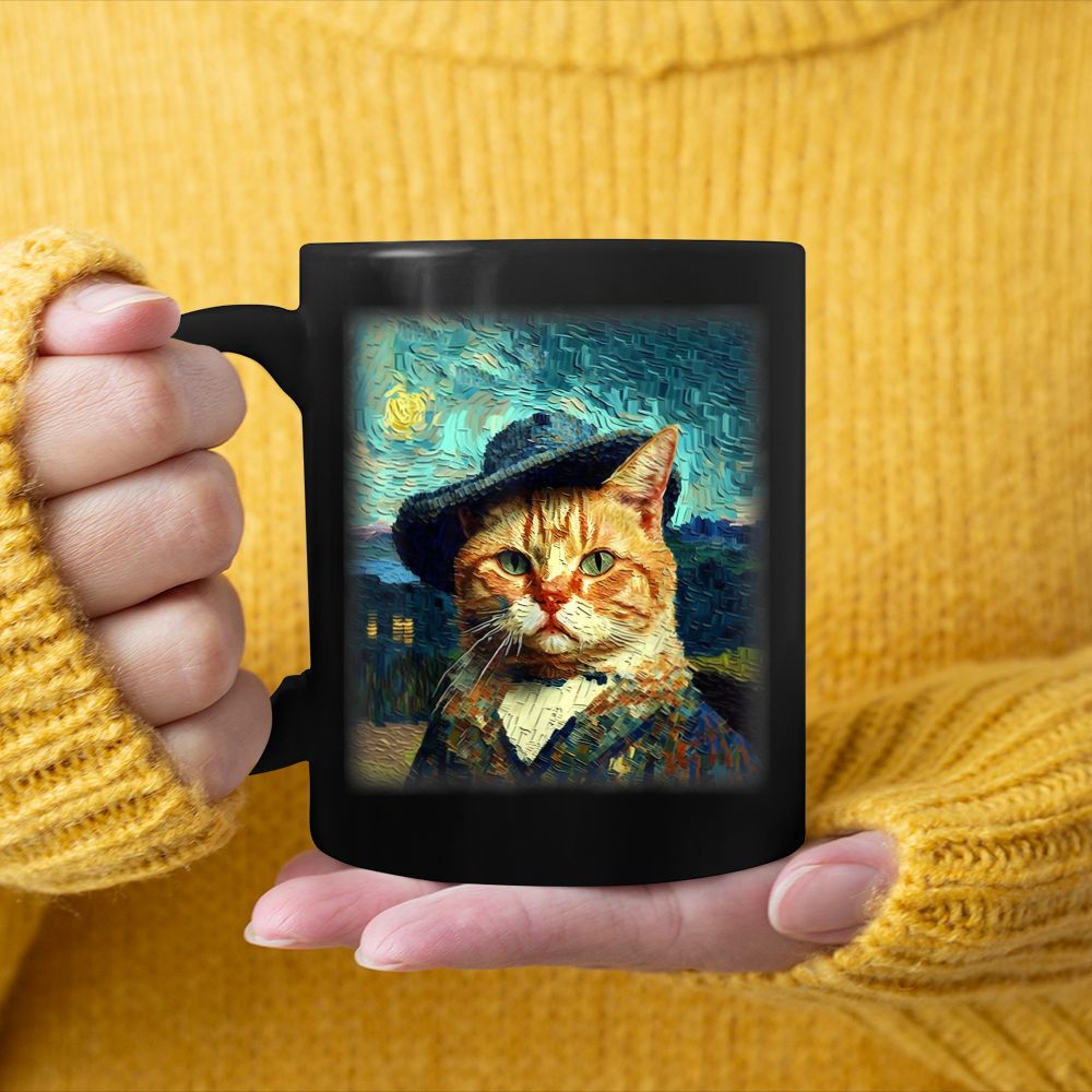 Starry Night Cat, Van Gogh Cat, Cat Mom, Cat Dad, Cat Lover Black Mug
