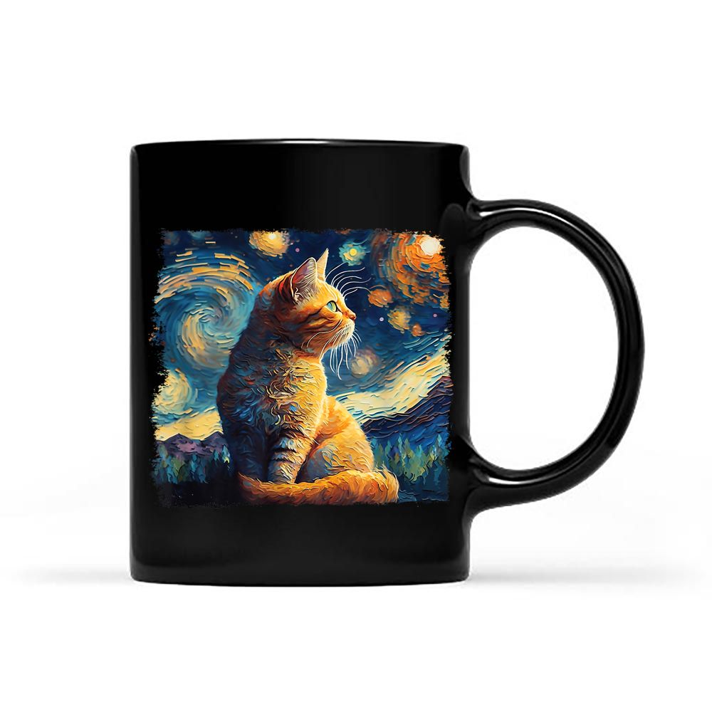 Starry Night Cat Van Gogh Cat Lover Cat Mom Cat Dad Funny Black Mug