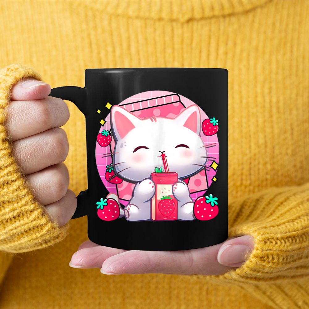Strawberry Milk Cat Cute Kawaii Kitten Anime Cat Mom Black Mug