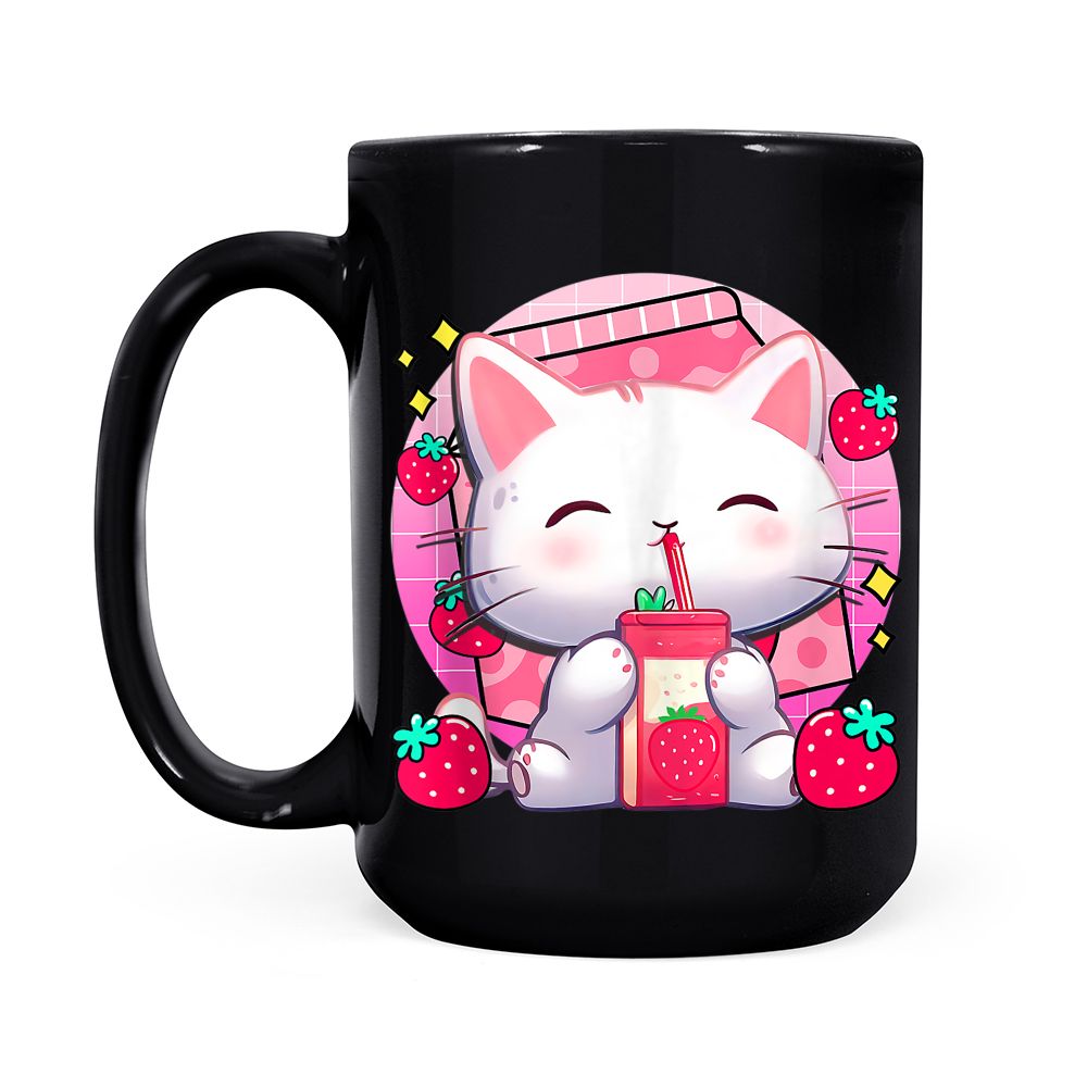 Strawberry Milk Cat Cute Kawaii Kitten Anime Cat Mom Black Mug