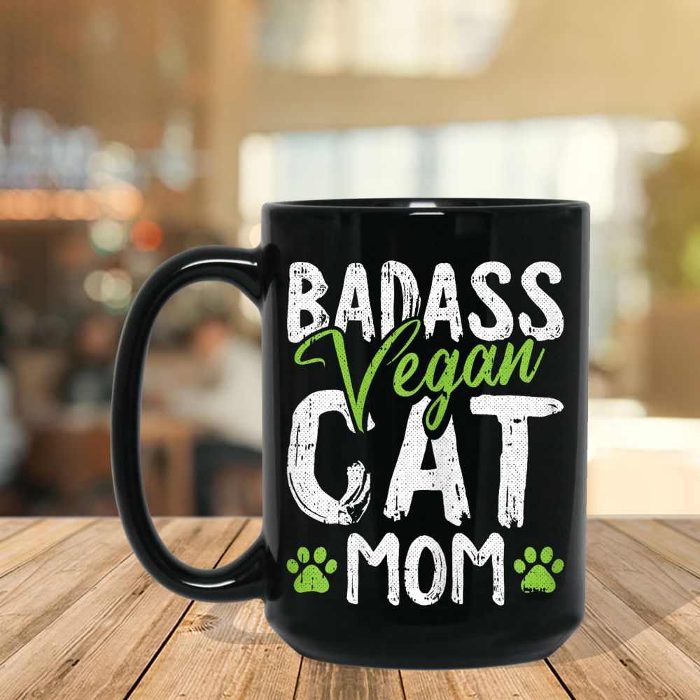 Womens Vegan Cat Mom Mothers-Day Badass Mama Paw Print Kitten Lover Black Mug