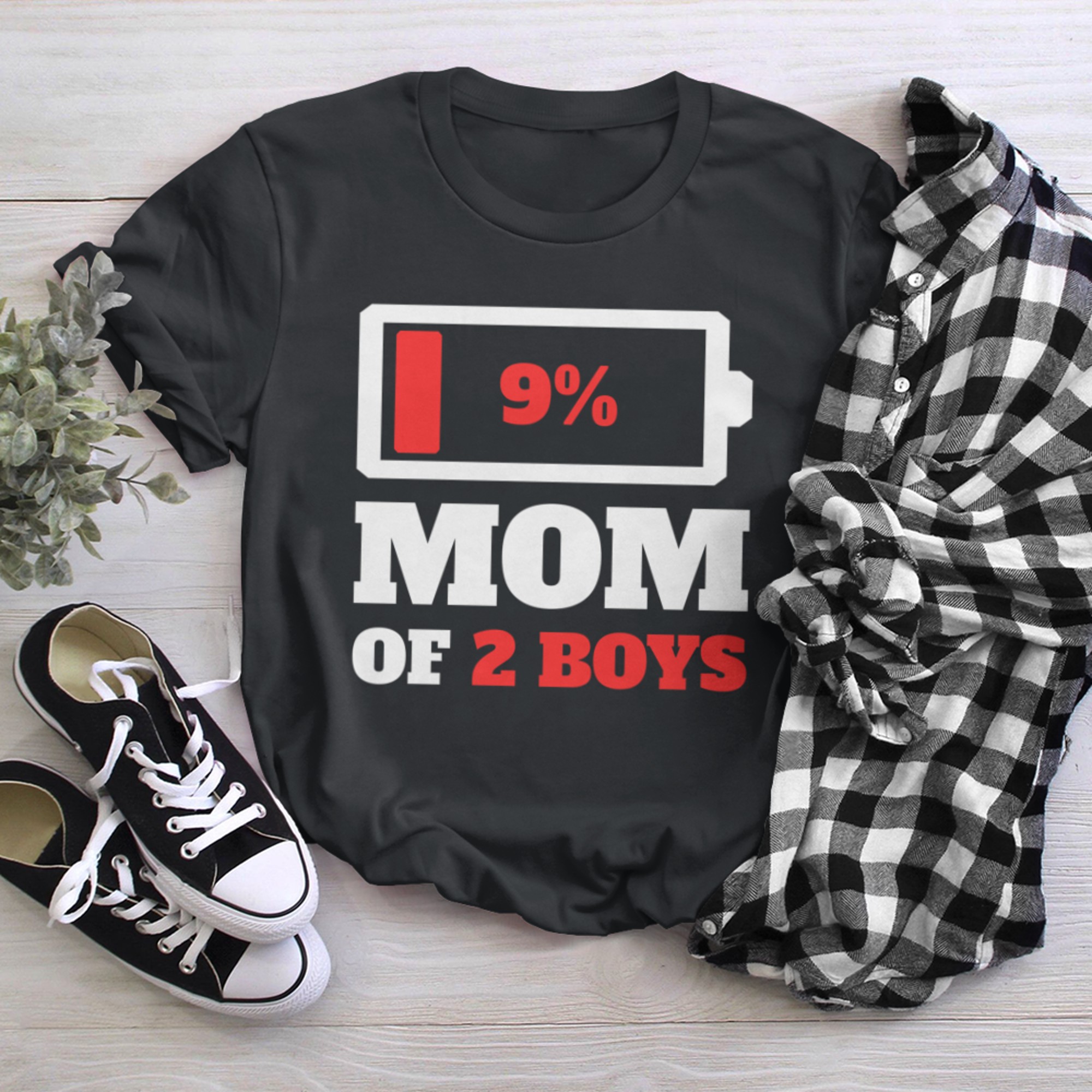 Mom Of Two Sons Tired Mom Low Battery Energy Mother t-shirt black