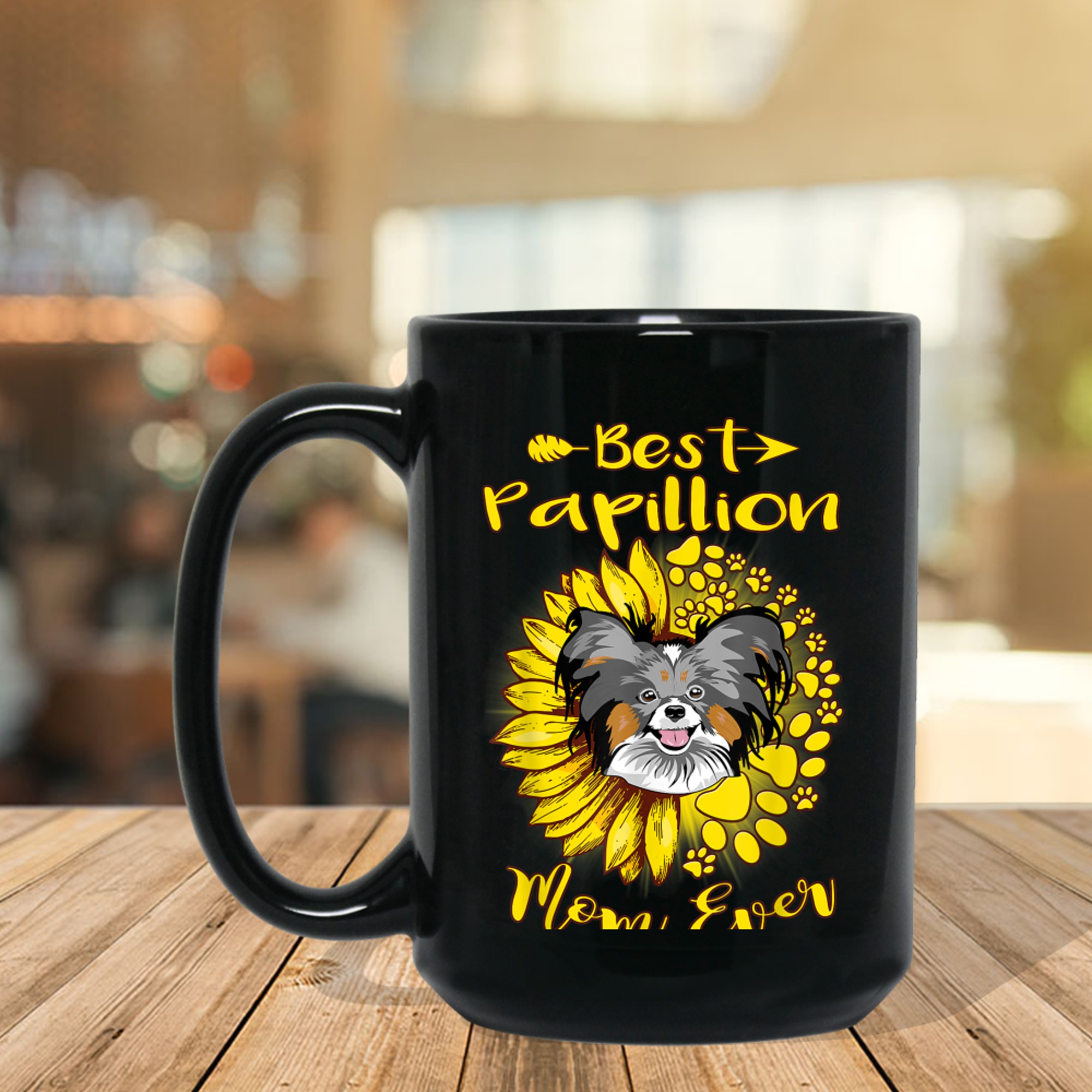 Best Papillion Dog Mom Ever Sunflower Funny Paw Dog Lover mug black