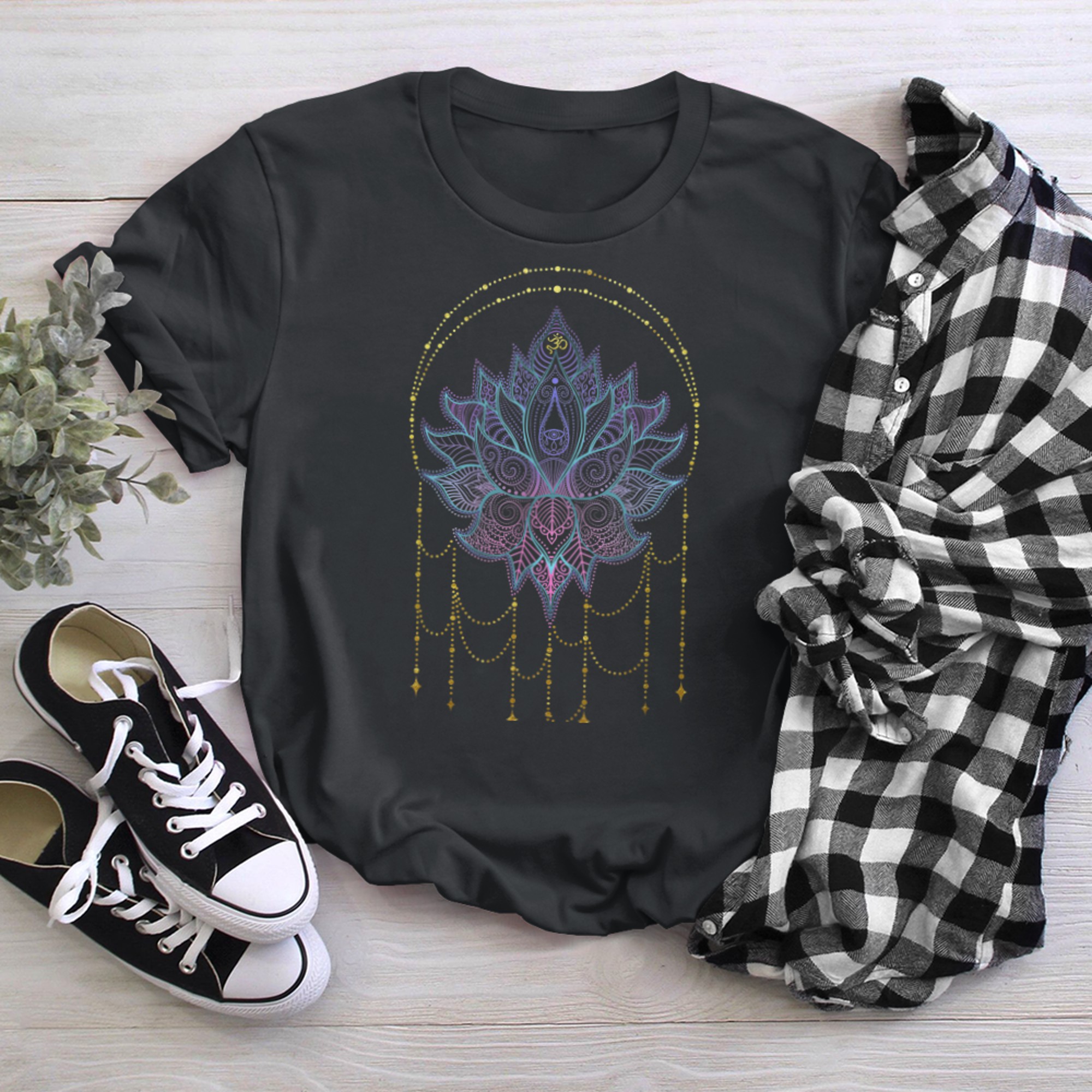 Indian Yoga Om Symbol Namaste Flowers Mandala Ornaments t-shirt black