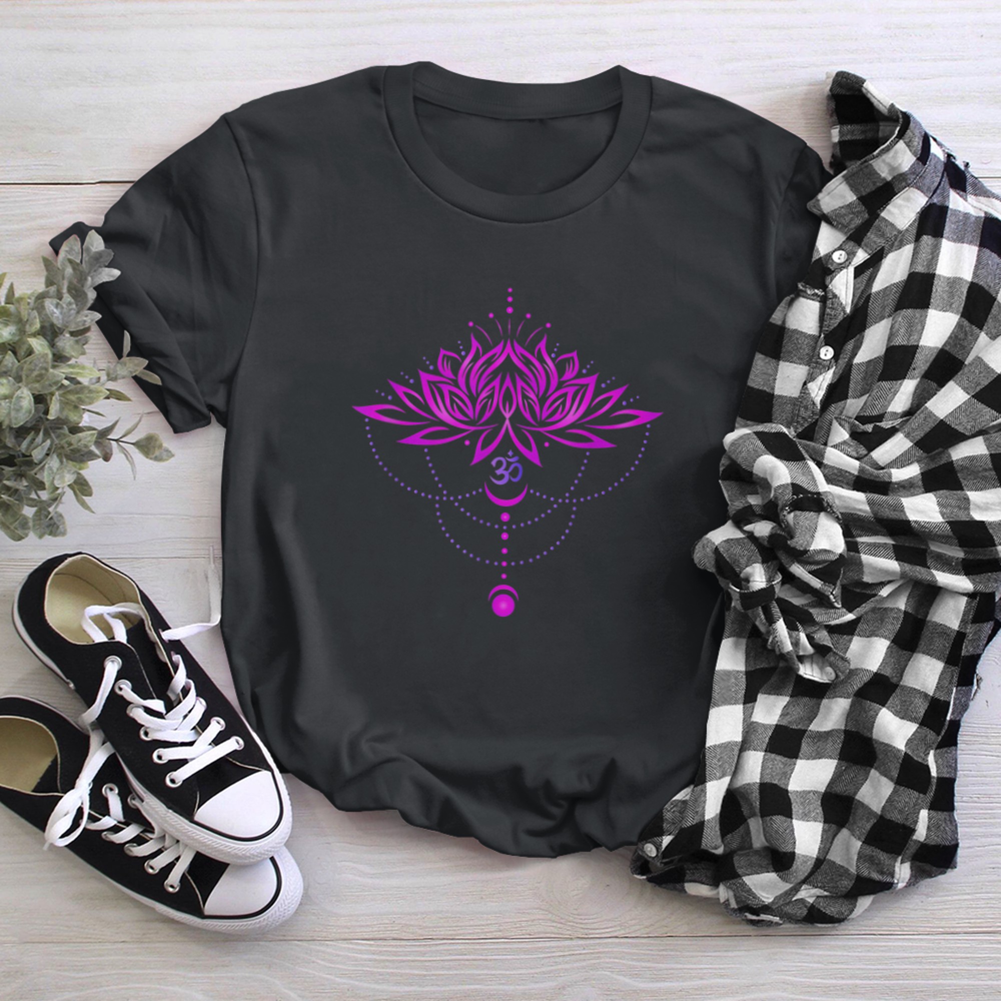 Lotus-Flower with Om Symbol and Moon for Yoga Meditation t-shirt black