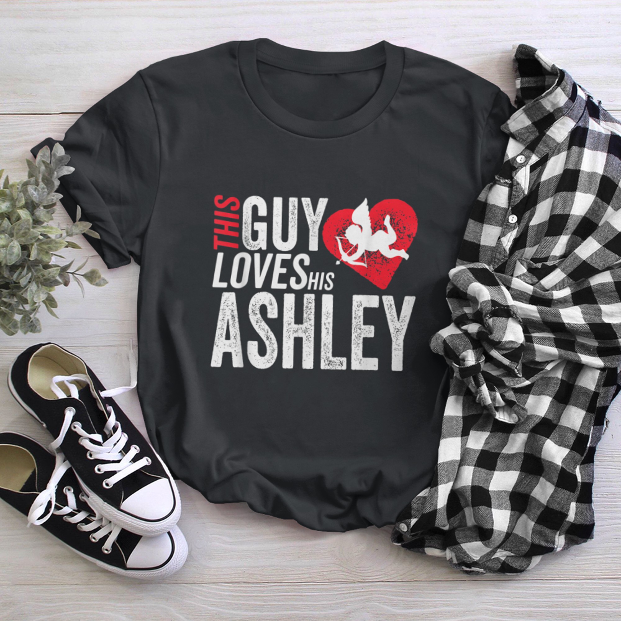 Mens This guy loves his ASHLEY valentine Anniversary Cupid Heart t-shirt black