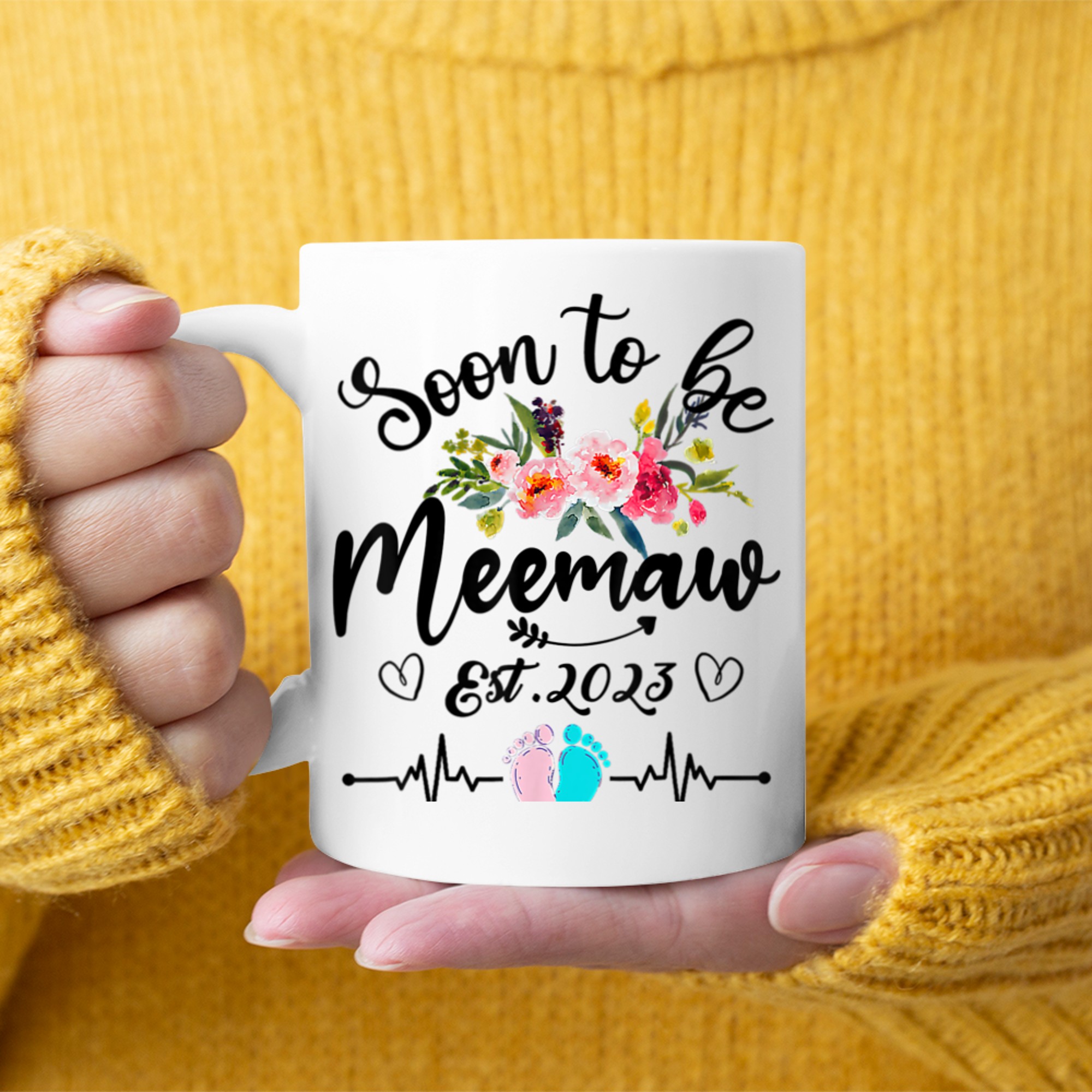 Soon To Be Meemaw Est Pregnancy Announcement Floral mug white