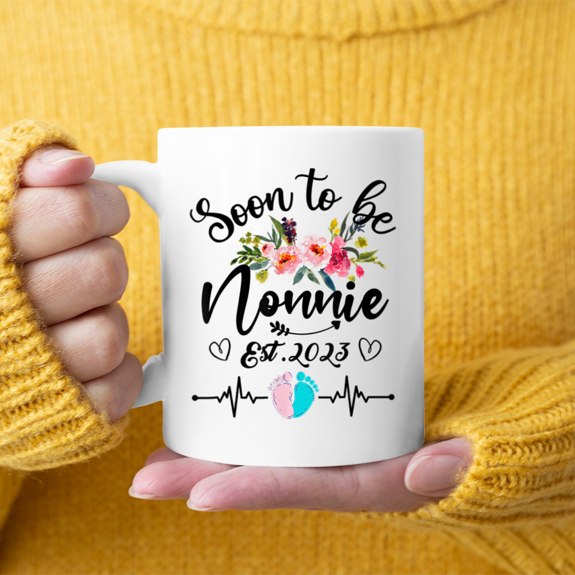 Soon To Be Nonnie Est Pregnancy Announcement Floral mug white