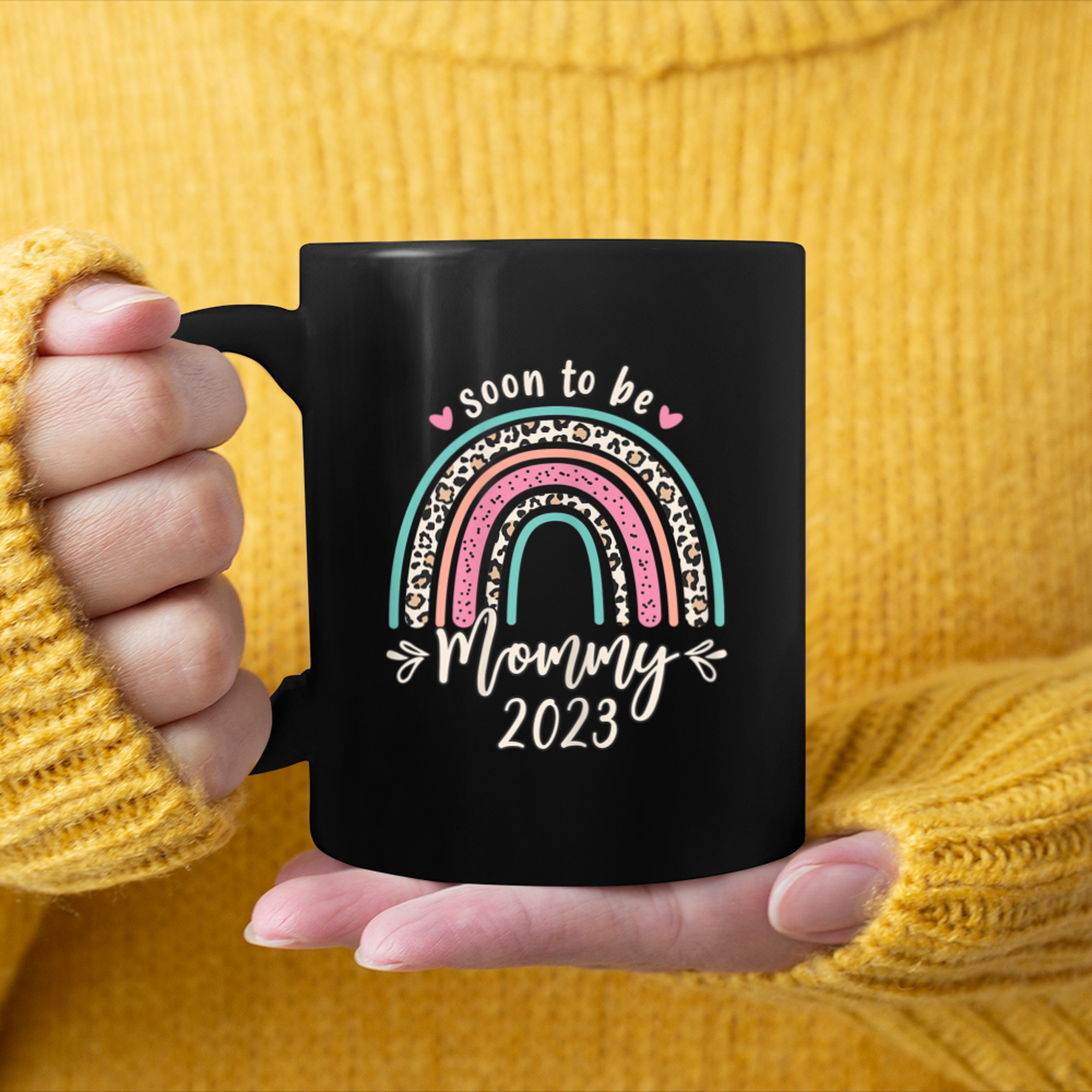 Womens Soon To Be Mom leopard rainbow Pregnancy Announcement mug black