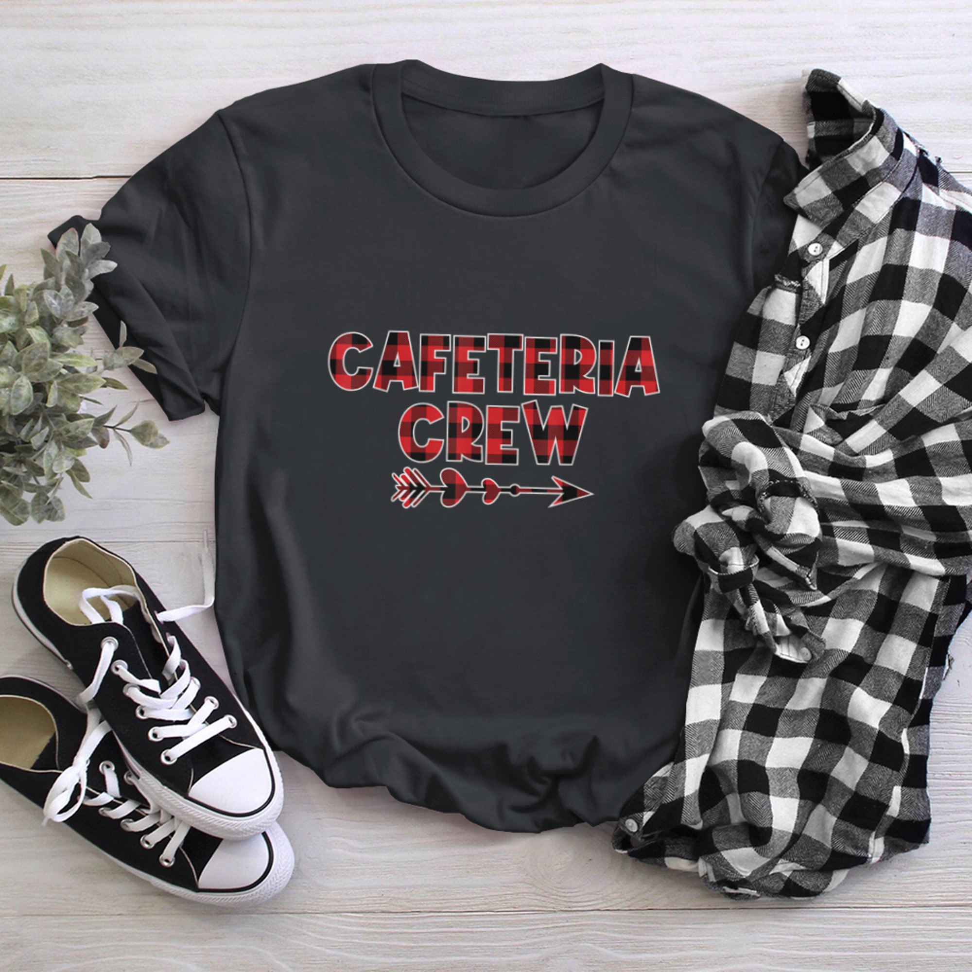 Cafeteria Crew Red Plaid Lunch Lady Food Service Crew t-shirt black