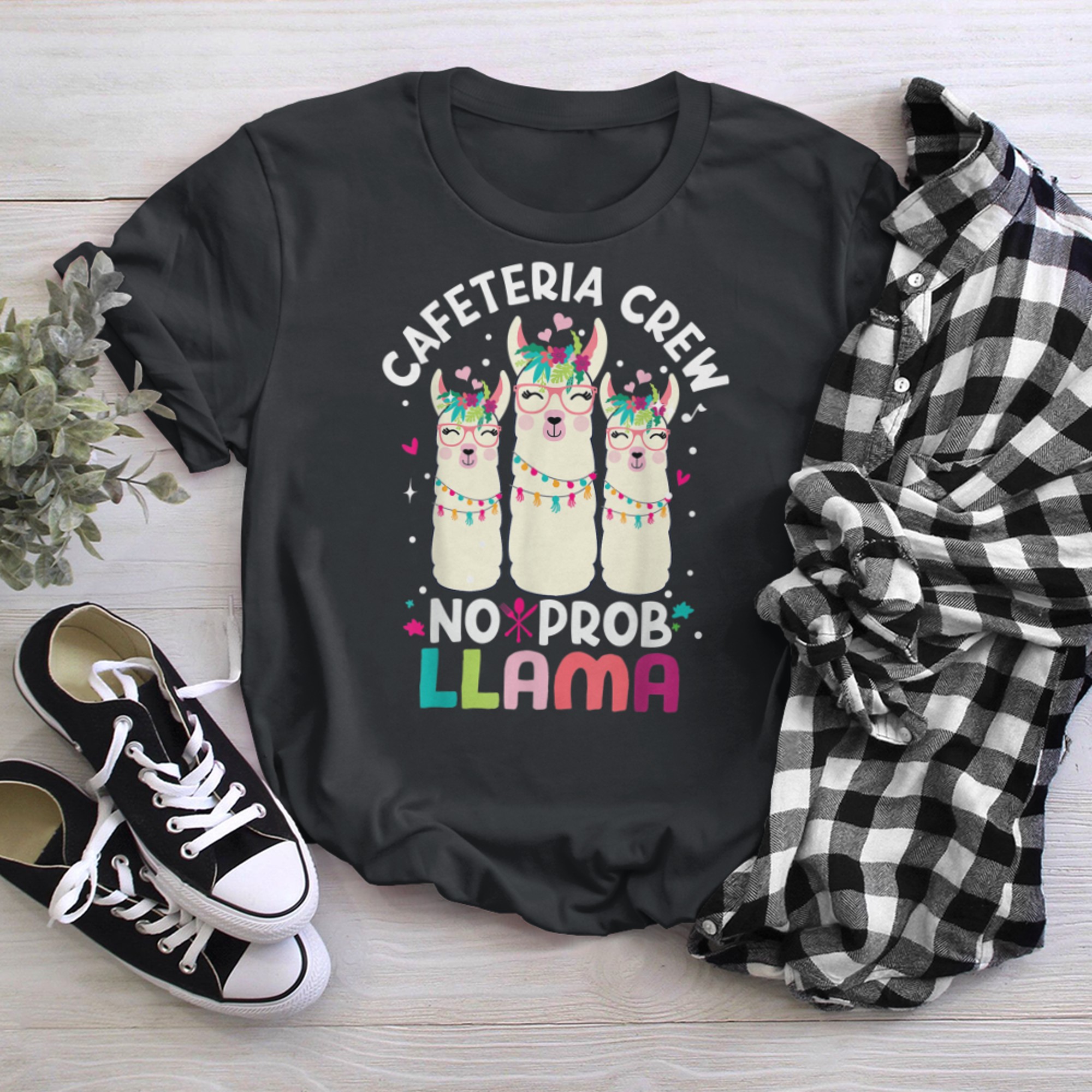 Cafeteria Crew Tee Teacher Kids Back To School No Prob Llama t-shirt black