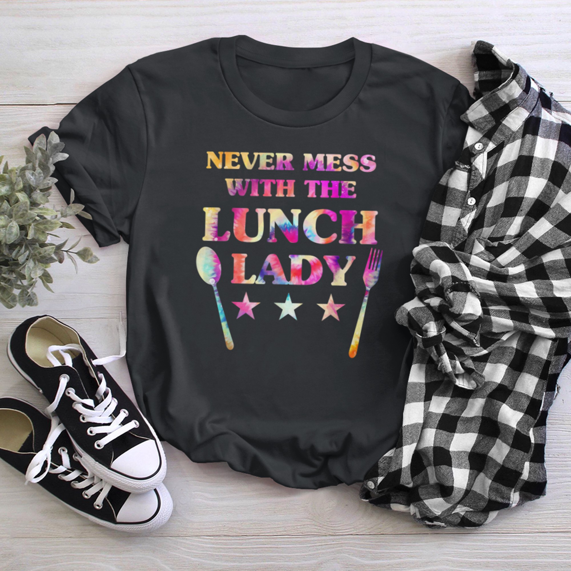 Cool Tie Dye Lunch Lady Quote School Cafeteria Food Service t-shirt black