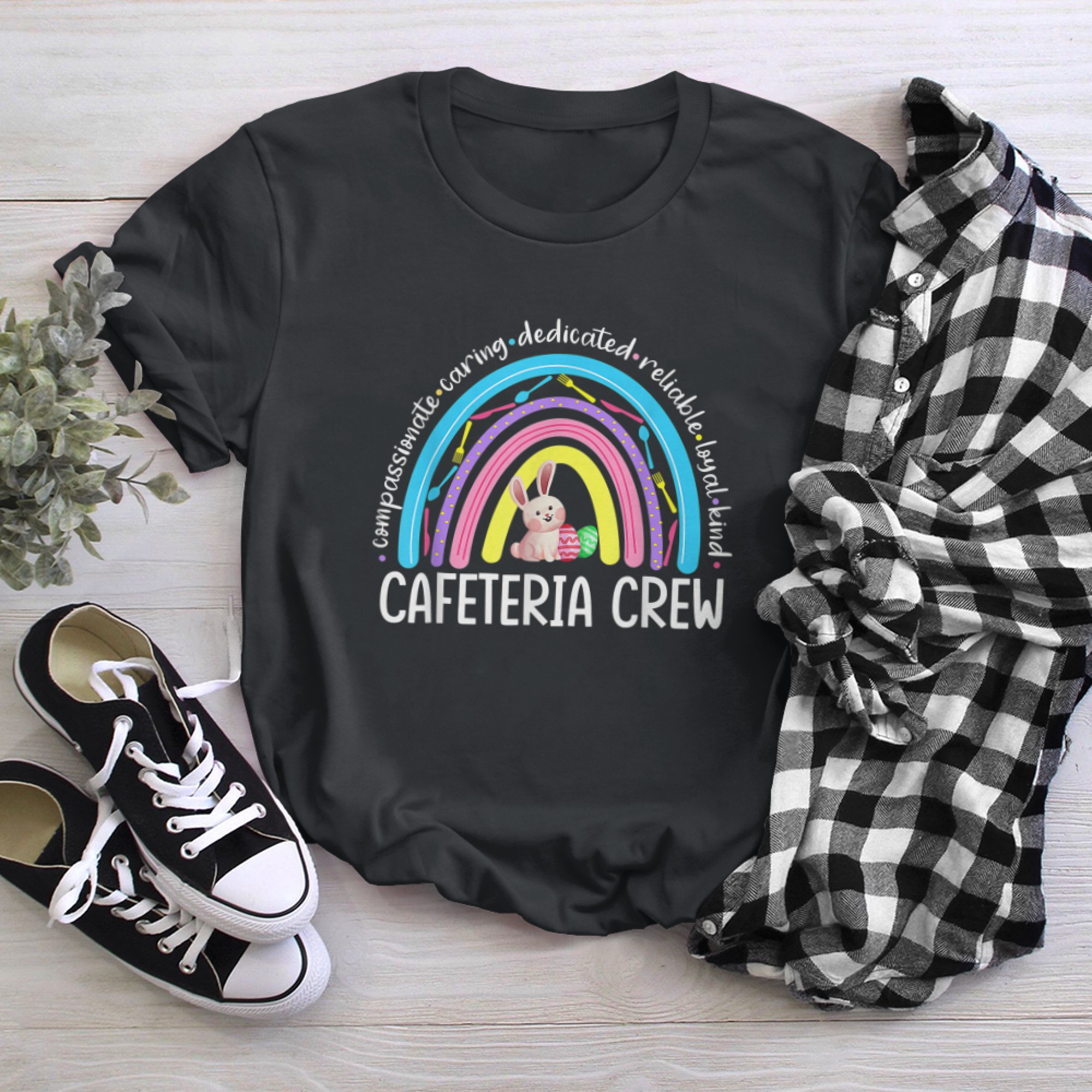 Cute Cafeteria Crew Lunch Lady Rainbow Women Easter Day (3) t-shirt black