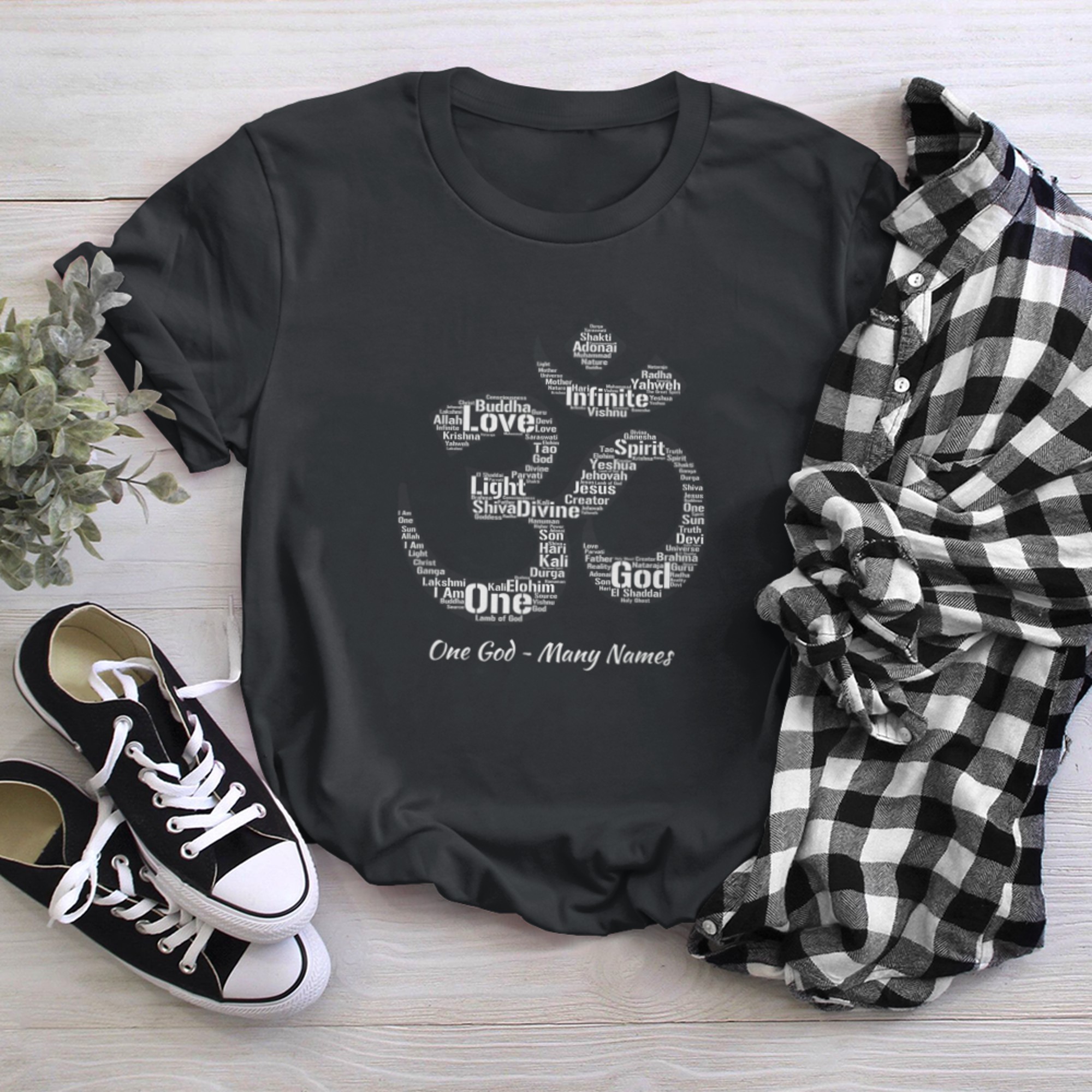 Names of God T-Shirt in Om Symbol Yoga Inspired Aum t-shirt black