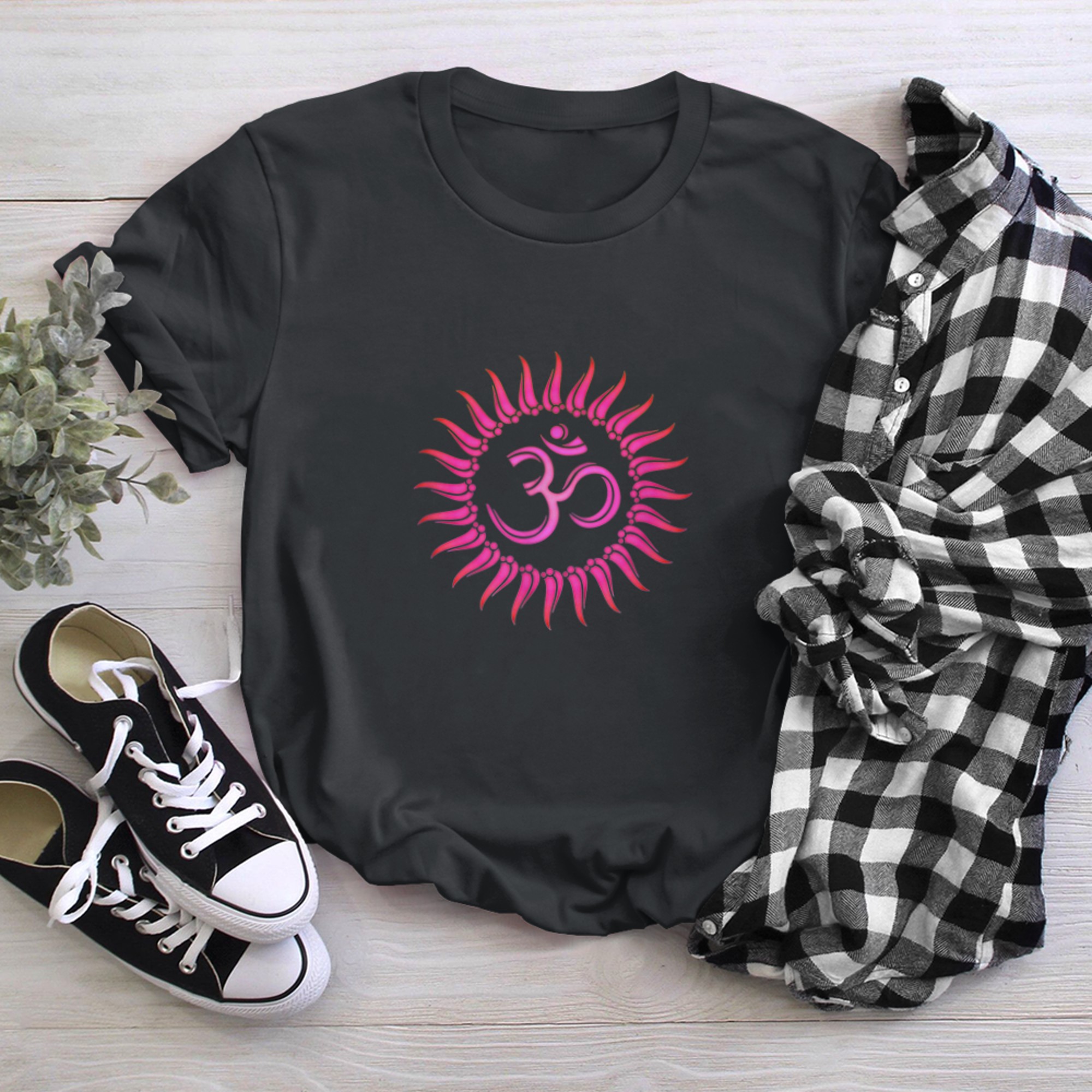 Om mantra, yoga, buddhism symbol sun spirituality meditation (1) t-shirt black