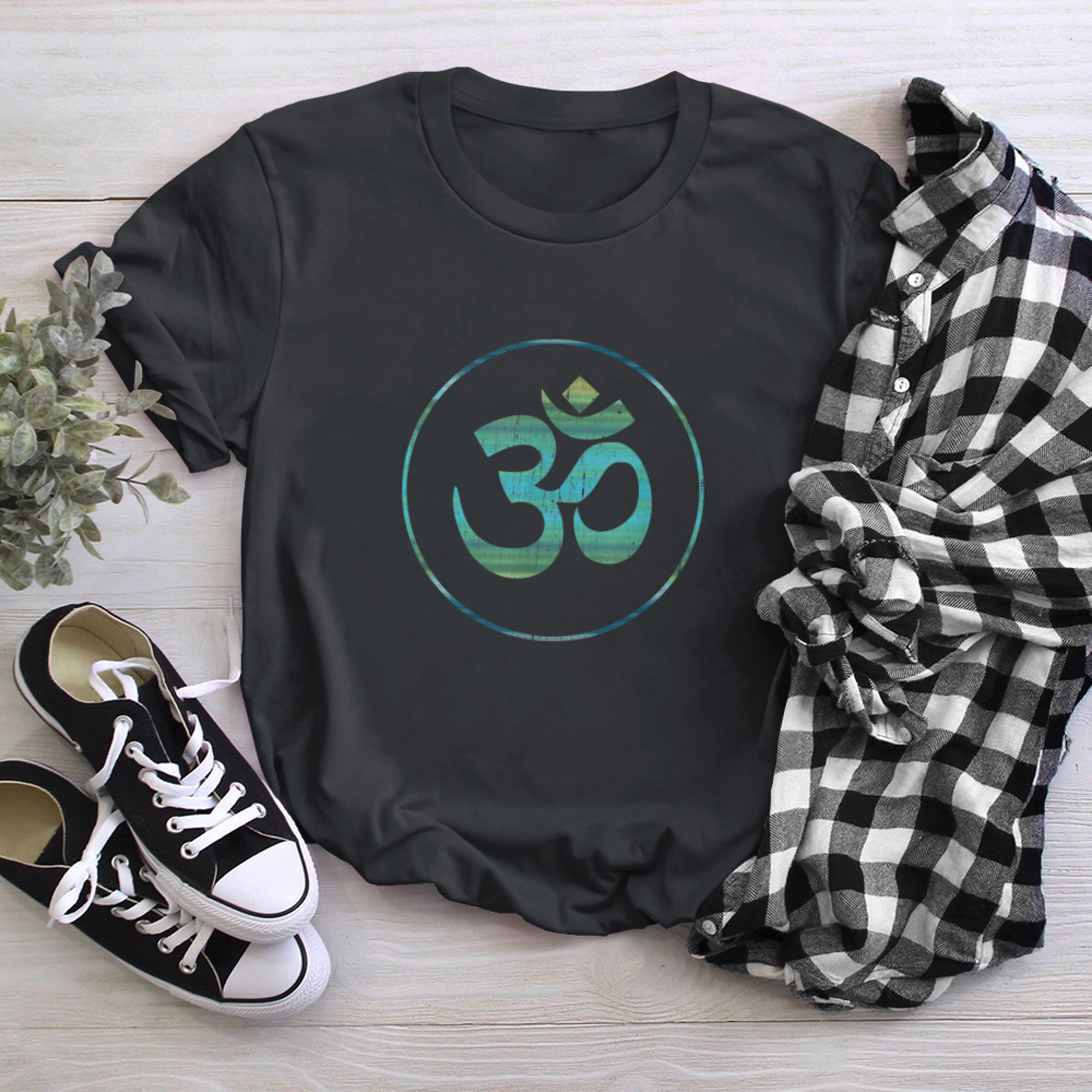 Om Symbol, Circle, Teal t-shirt black