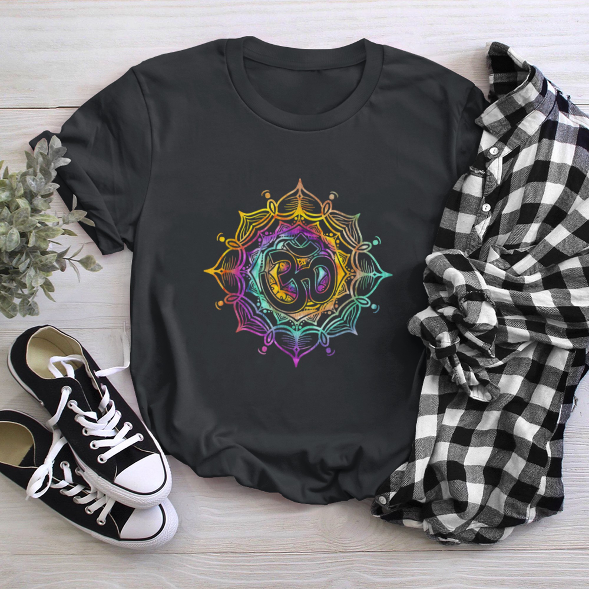 Om Symbol Colorful Mandala Geometry Buddhism Namaste Yoga (1) t-shirt black