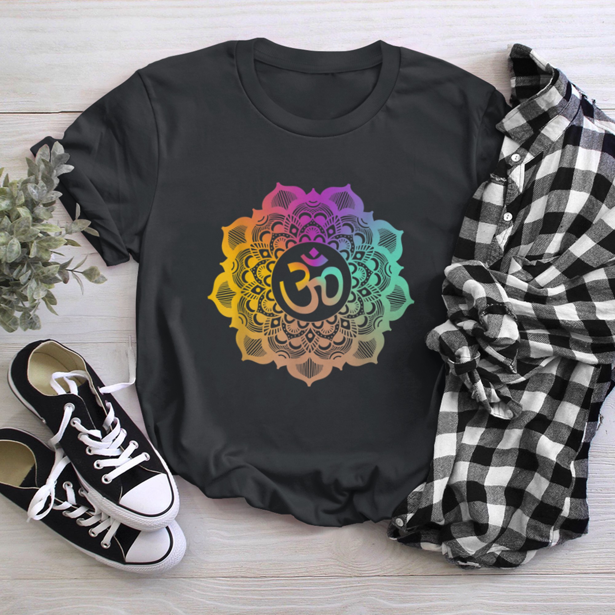 Om Symbol Colorful Mandala Geometry Buddhism Namaste Yoga (2) t-shirt black