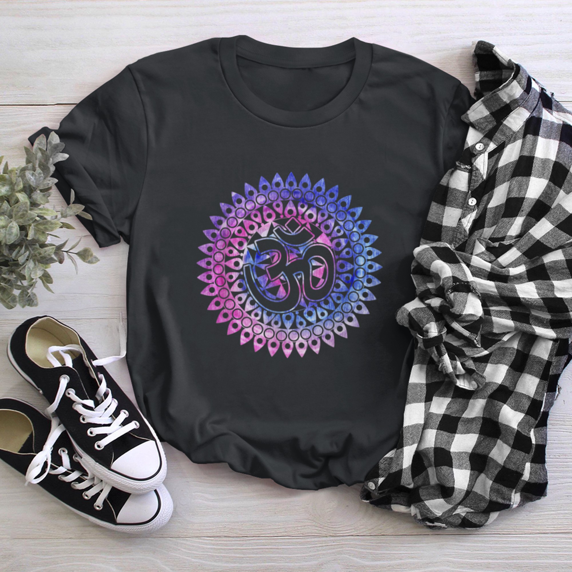 Om Symbol Colorful Mandala Geometry Buddhism Namaste Yoga (3) t-shirt black