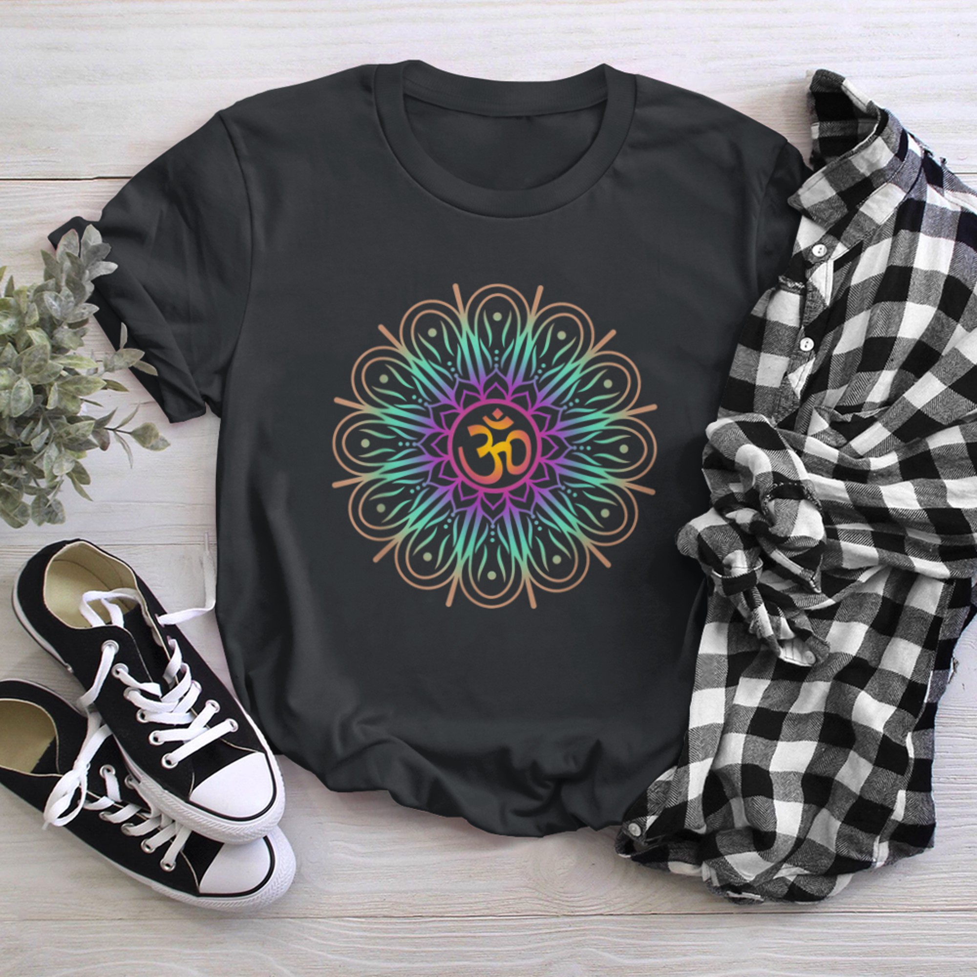 Om Symbol Colorful Mandala Geometry Buddhism Namaste Yoga (4) t-shirt black