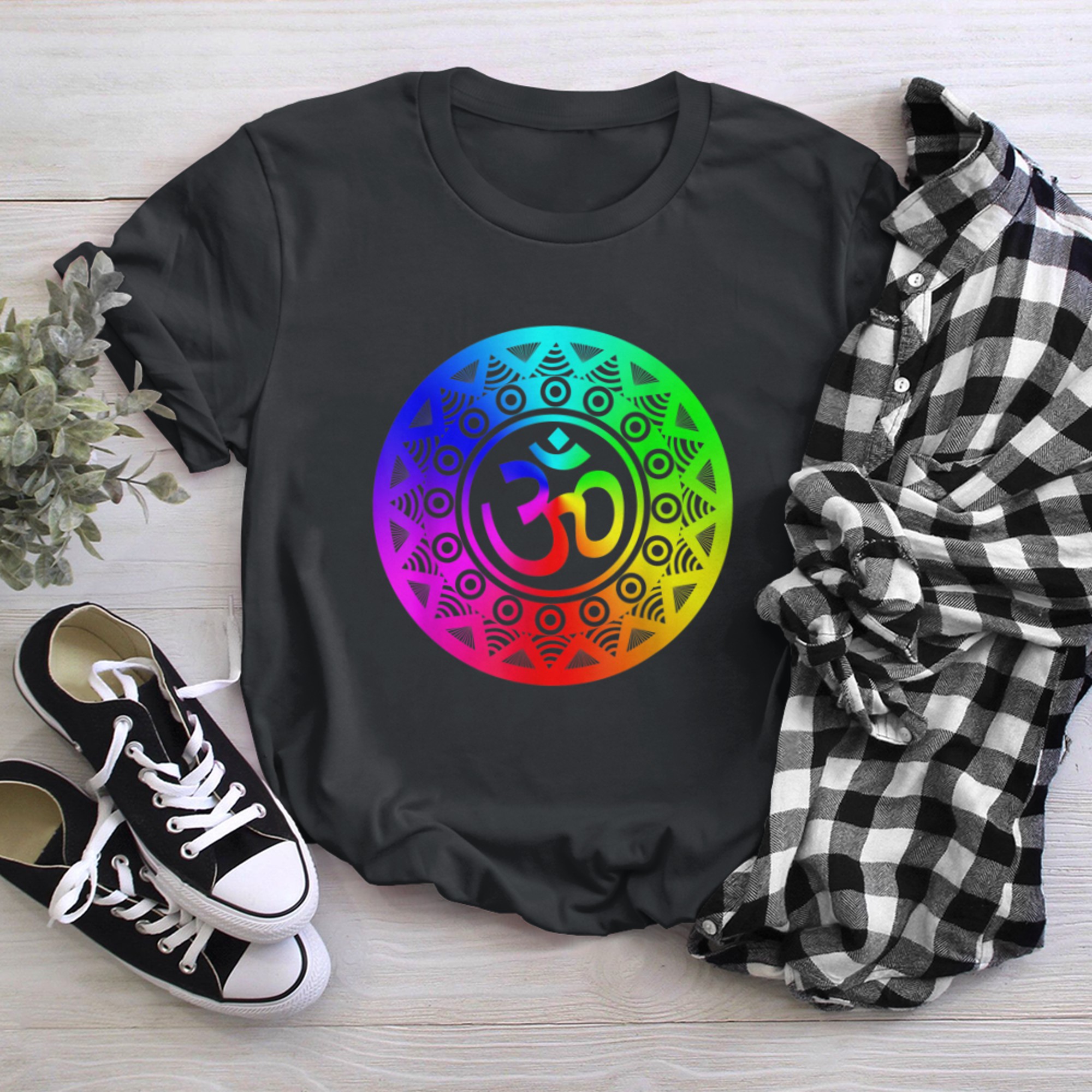 Om Symbol Colorful Mandala Geometry Buddhism Namaste Yoga (5) t-shirt black