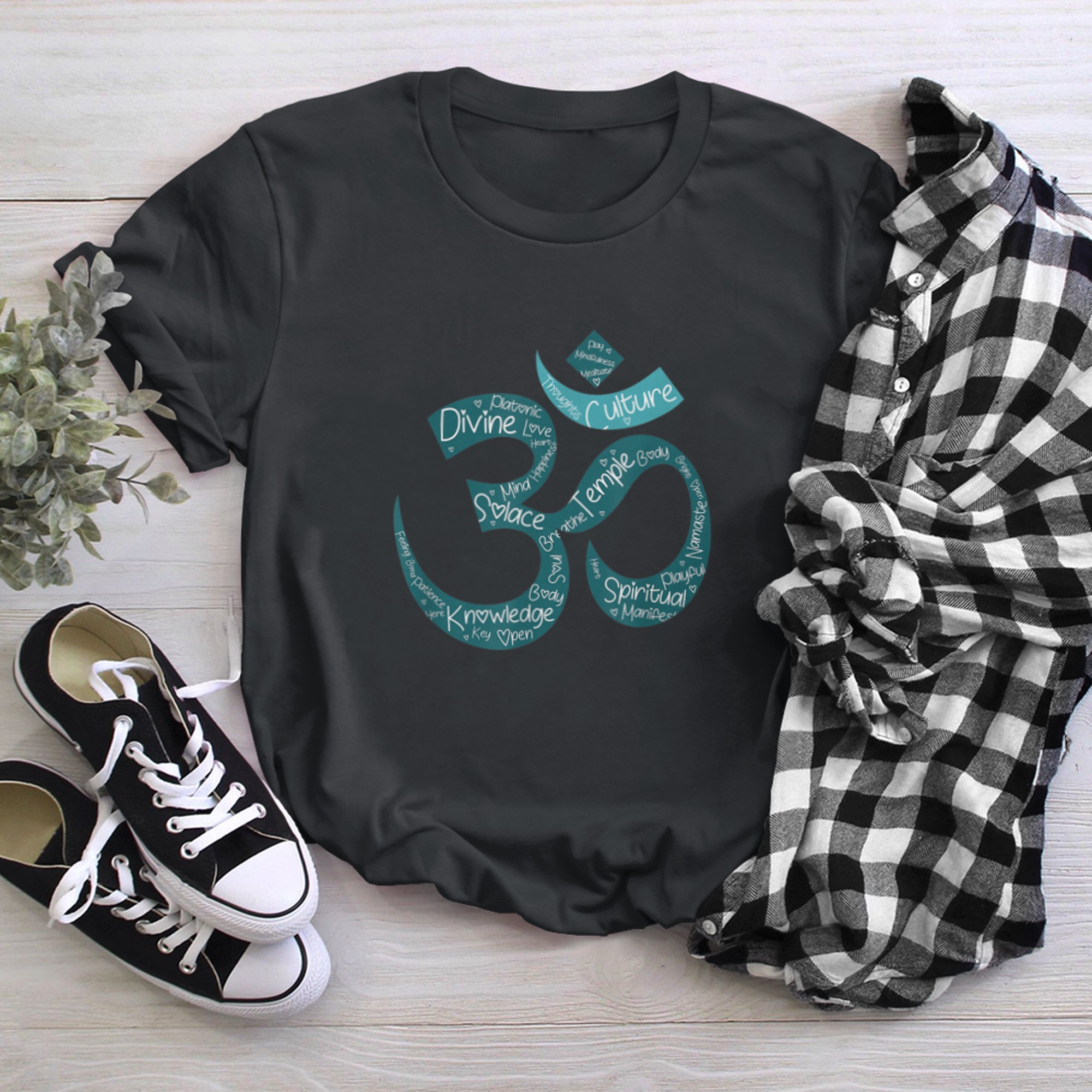 Om Symbol with meditation, yoga & mindfulness words inside (1) t-shirt black