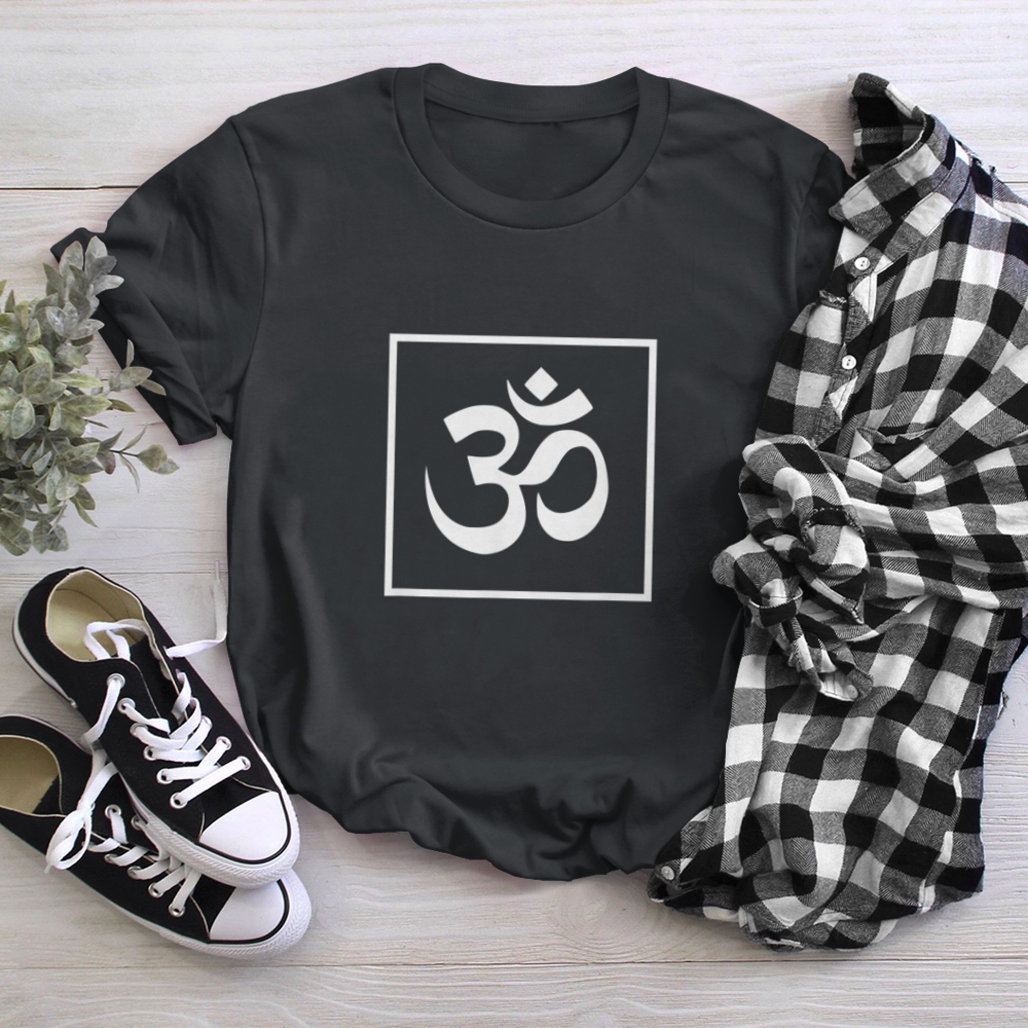 Om tshirt - yoga ohm aum symbol in a minimalist square tee t-shirt black