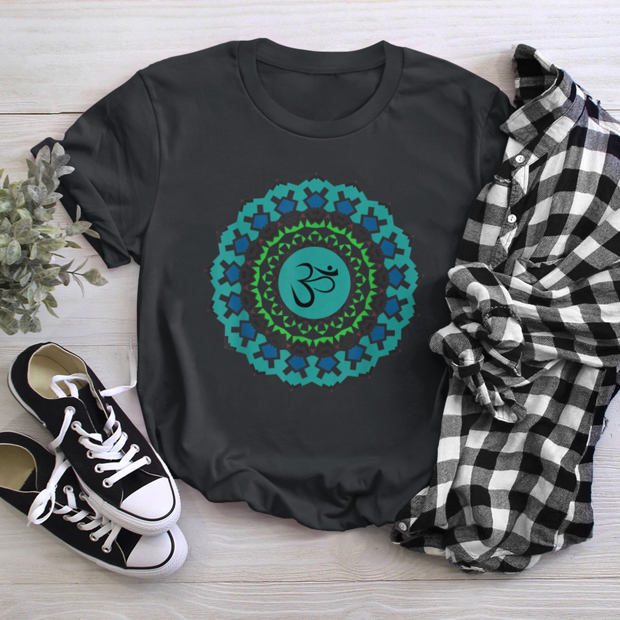 Spiritual Mandala Yoga Om Symbol Blue and Green Tribal Tones t-shirt black