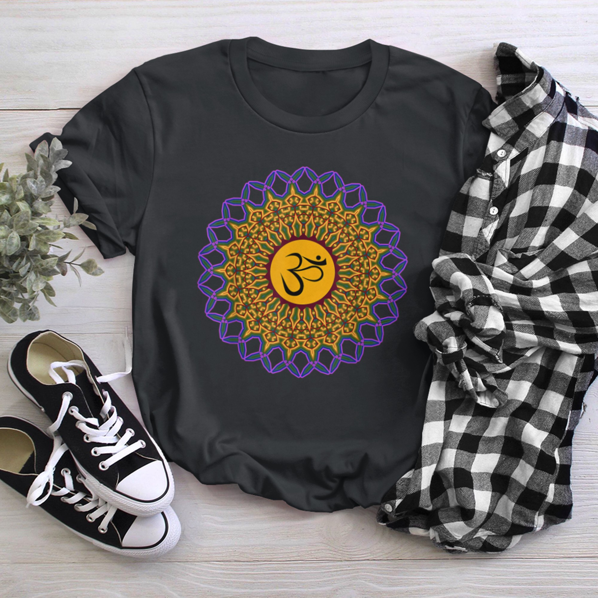 Spiritual Mandala Yoga Om Symbol Peacock Colors Kaleidoscope t-shirt black