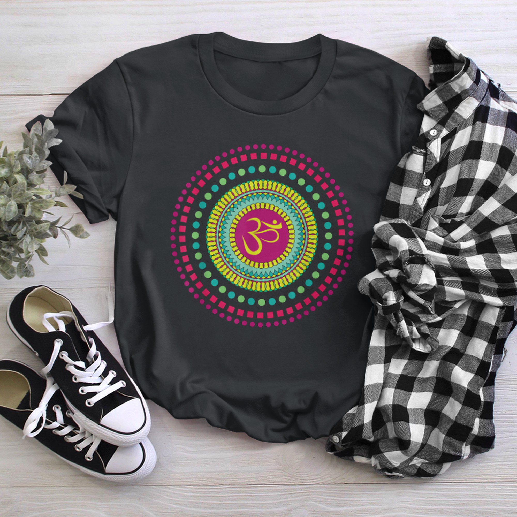 Spiritual Mandala Yoga Om Symbol Pink and Green Jewel Tones t-shirt black