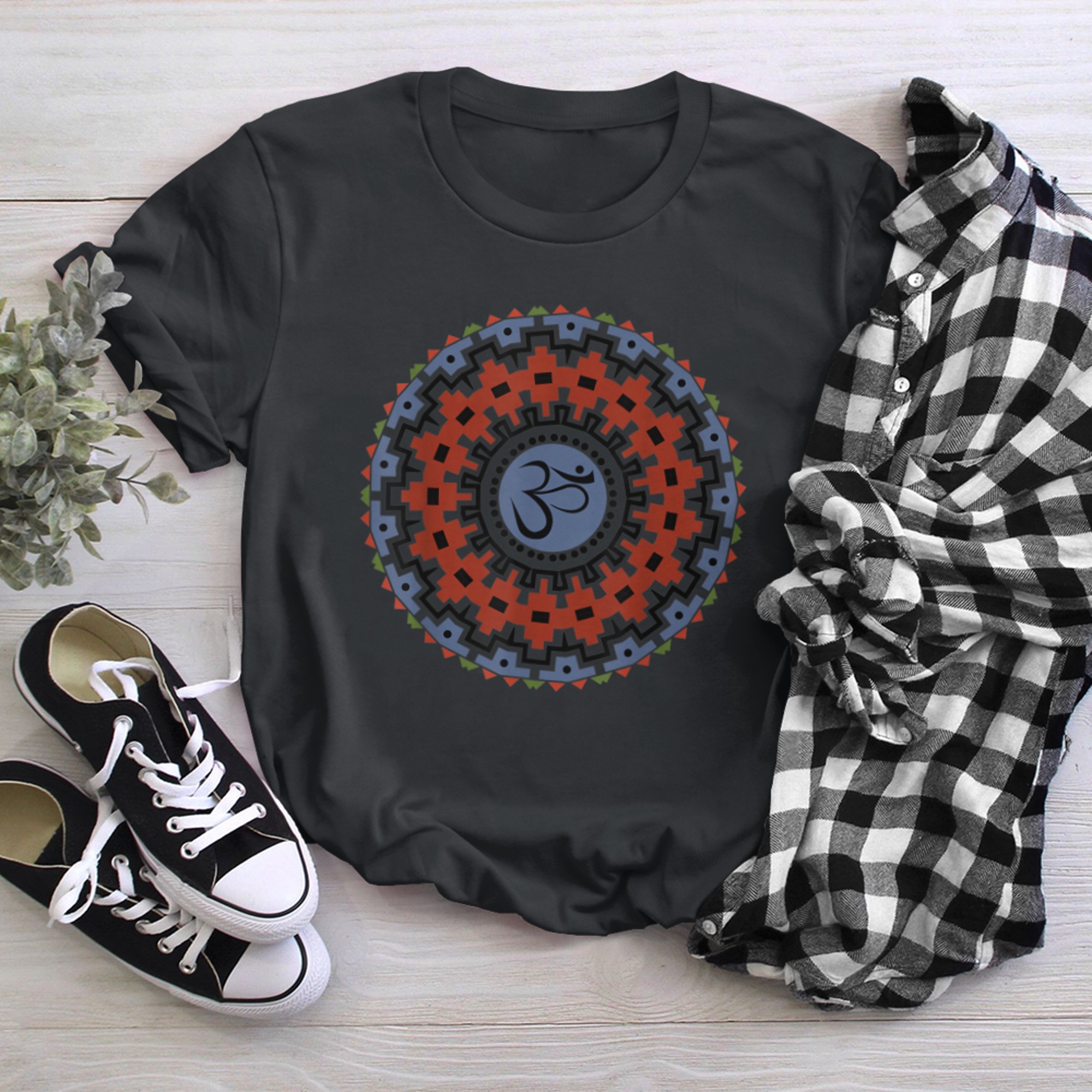 Spiritual Mandala Yoga Om Symbol Tribal Rust Sky Earth Tones t-shirt black