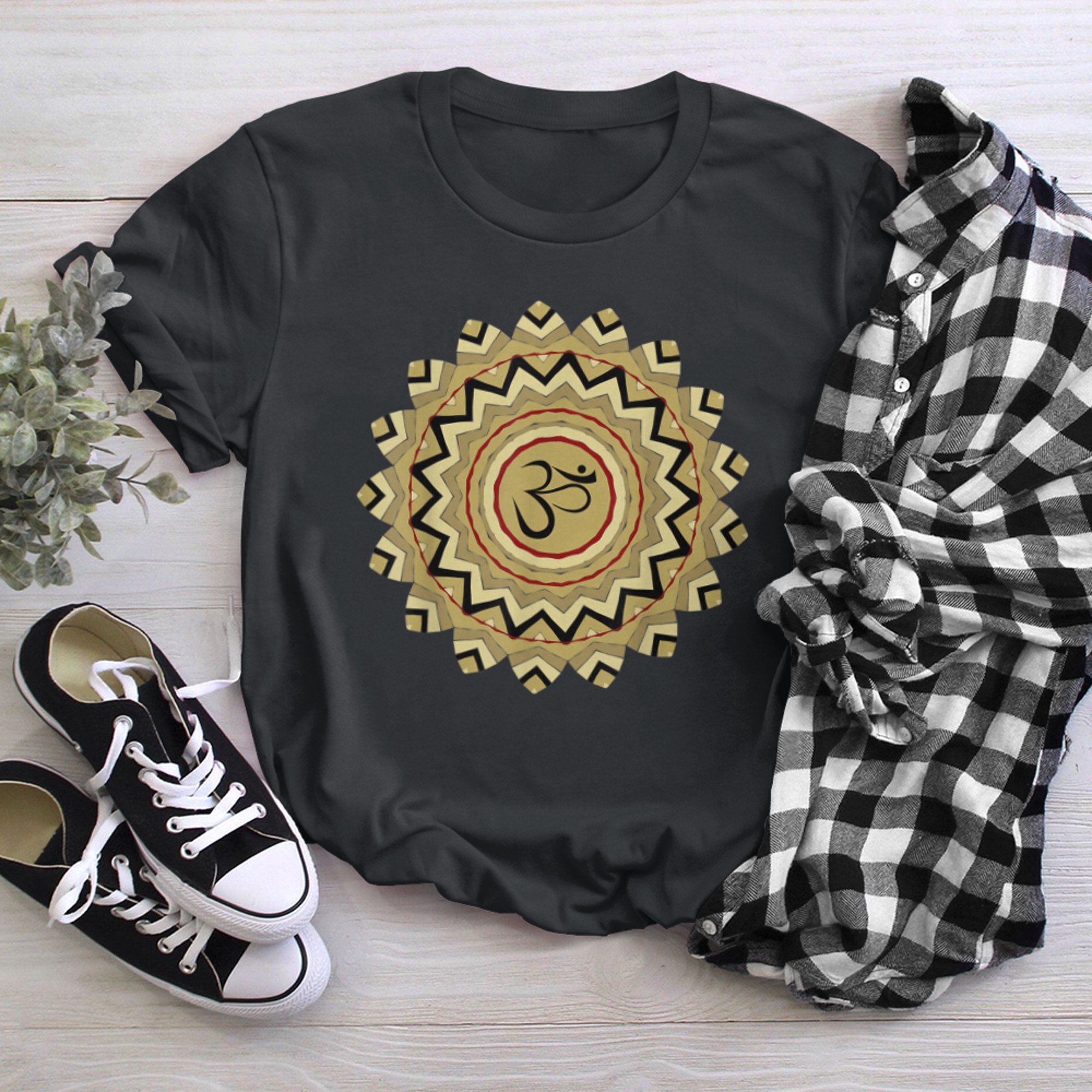 Spiritual Mandala Yoga Om Symbol Tribal Tan Rust Earth Tones t-shirt black