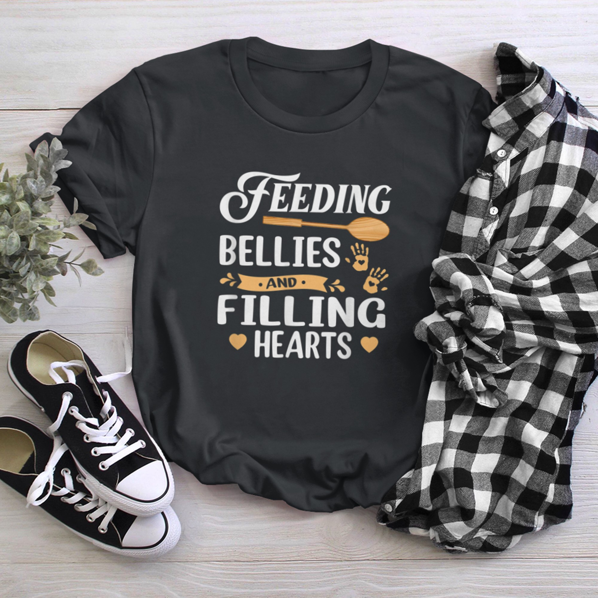 Feeding Bellies and Filling Hearts Lunch Lady Cafeteria Crew (1) t-shirt black