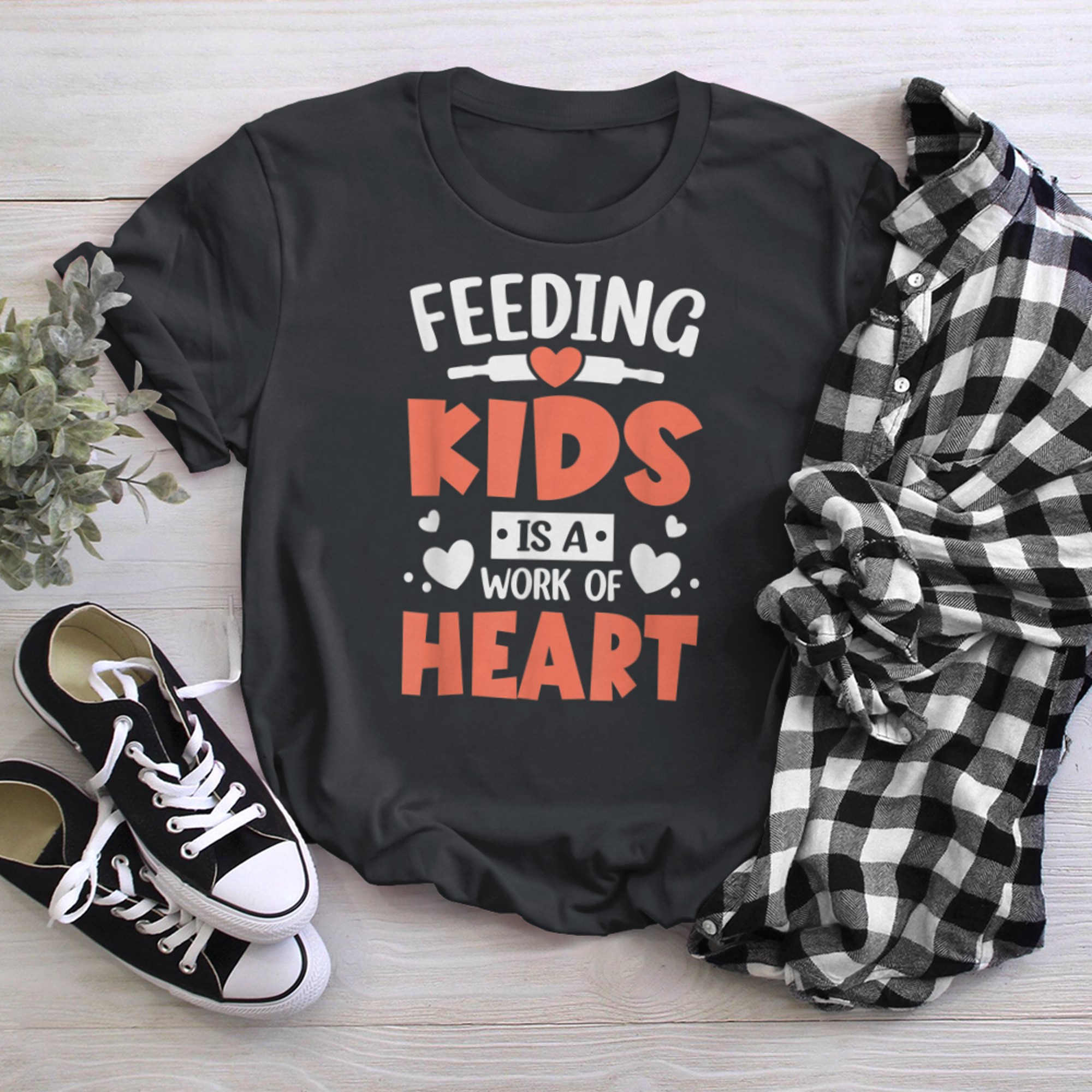 Feeding Kids is a Work of Heart Cafeteria School Lunch Lady (6) t-shirt black