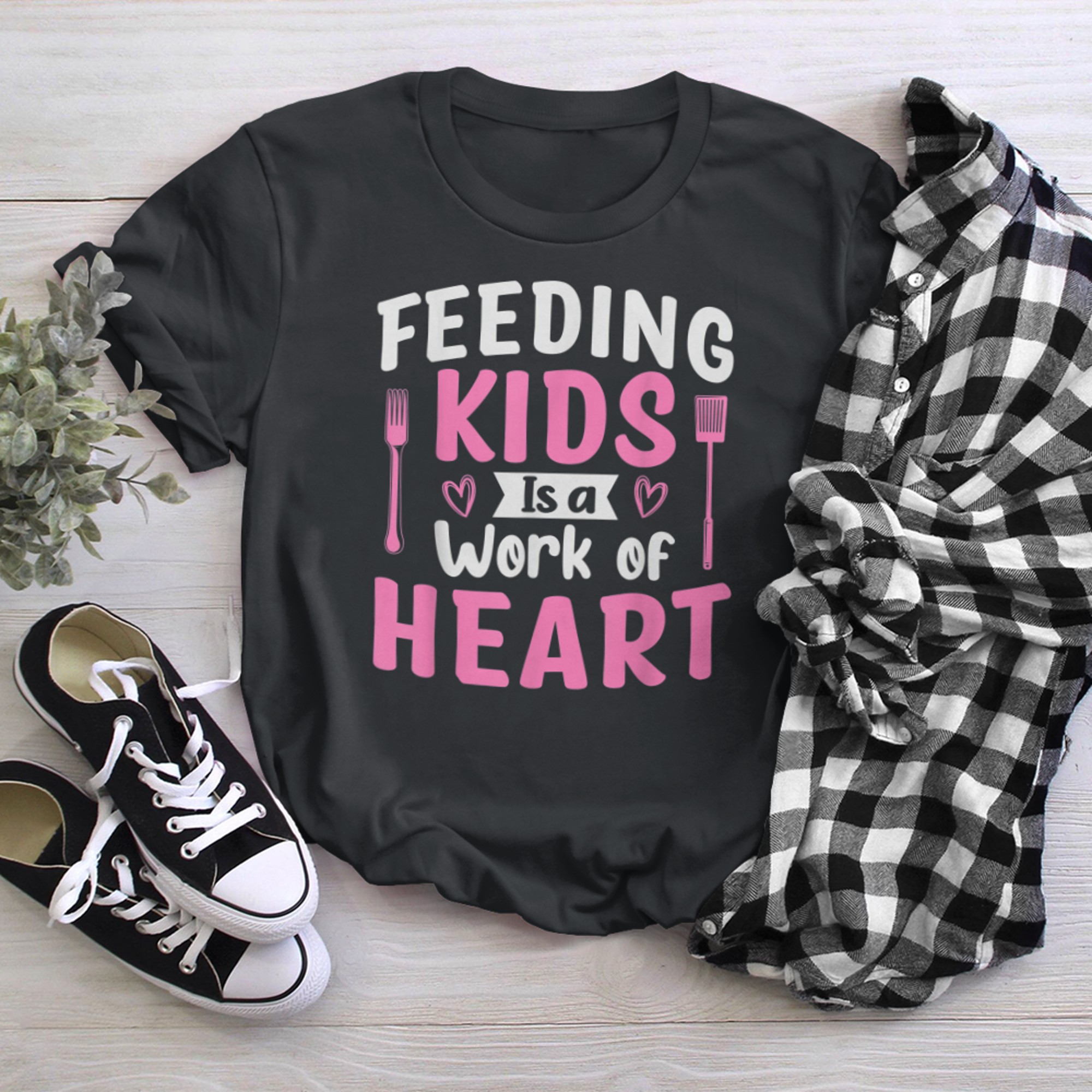 Feeding Kids is a Work of Heart Cafeteria School Lunch Lady (7) t-shirt black