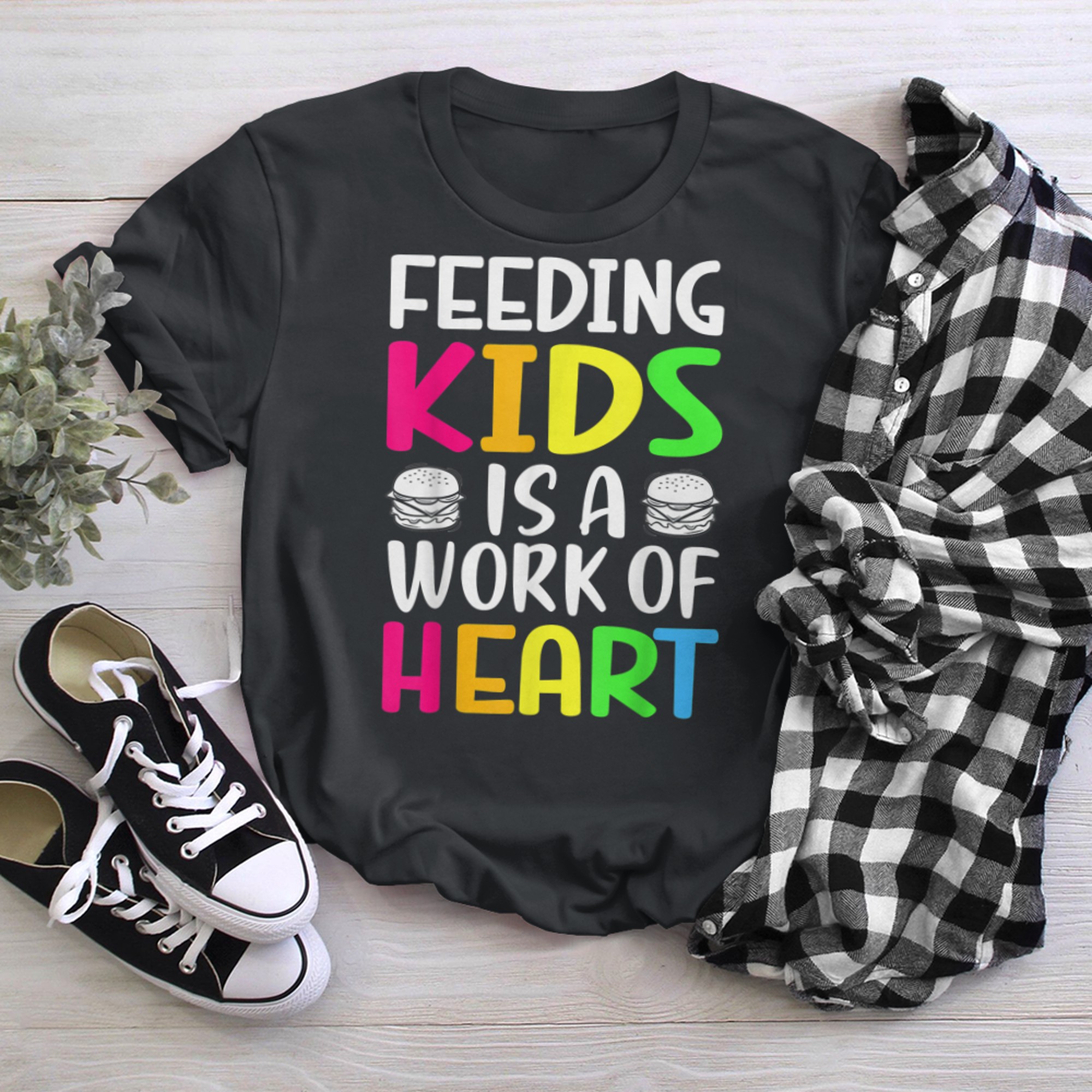 Feeding Kids is a Work of Heart Cafeteria School Lunch Lady (8) t-shirt black