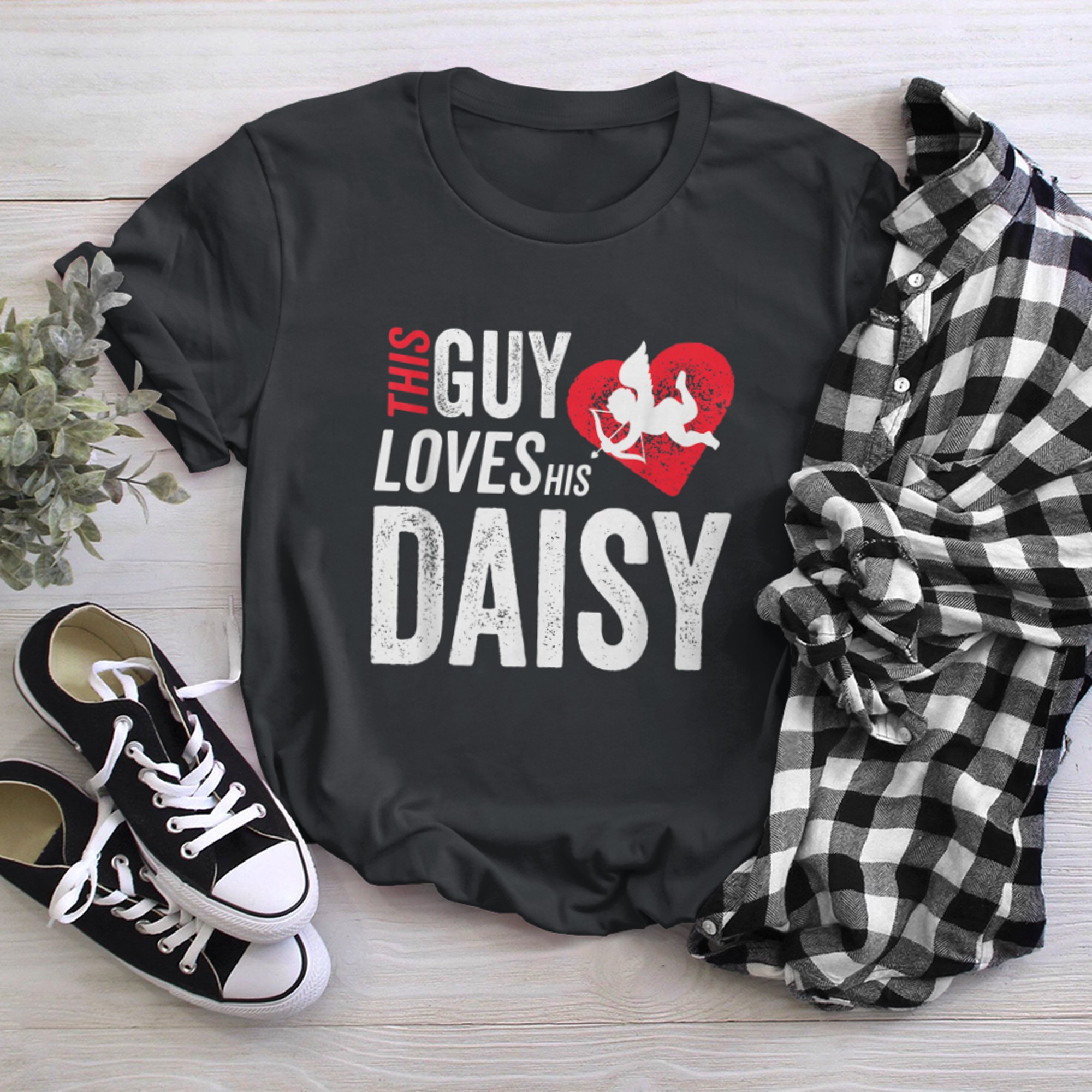 This Guy Loves His Daisy Valentine Anniversary Cupid Heart t-shirt black