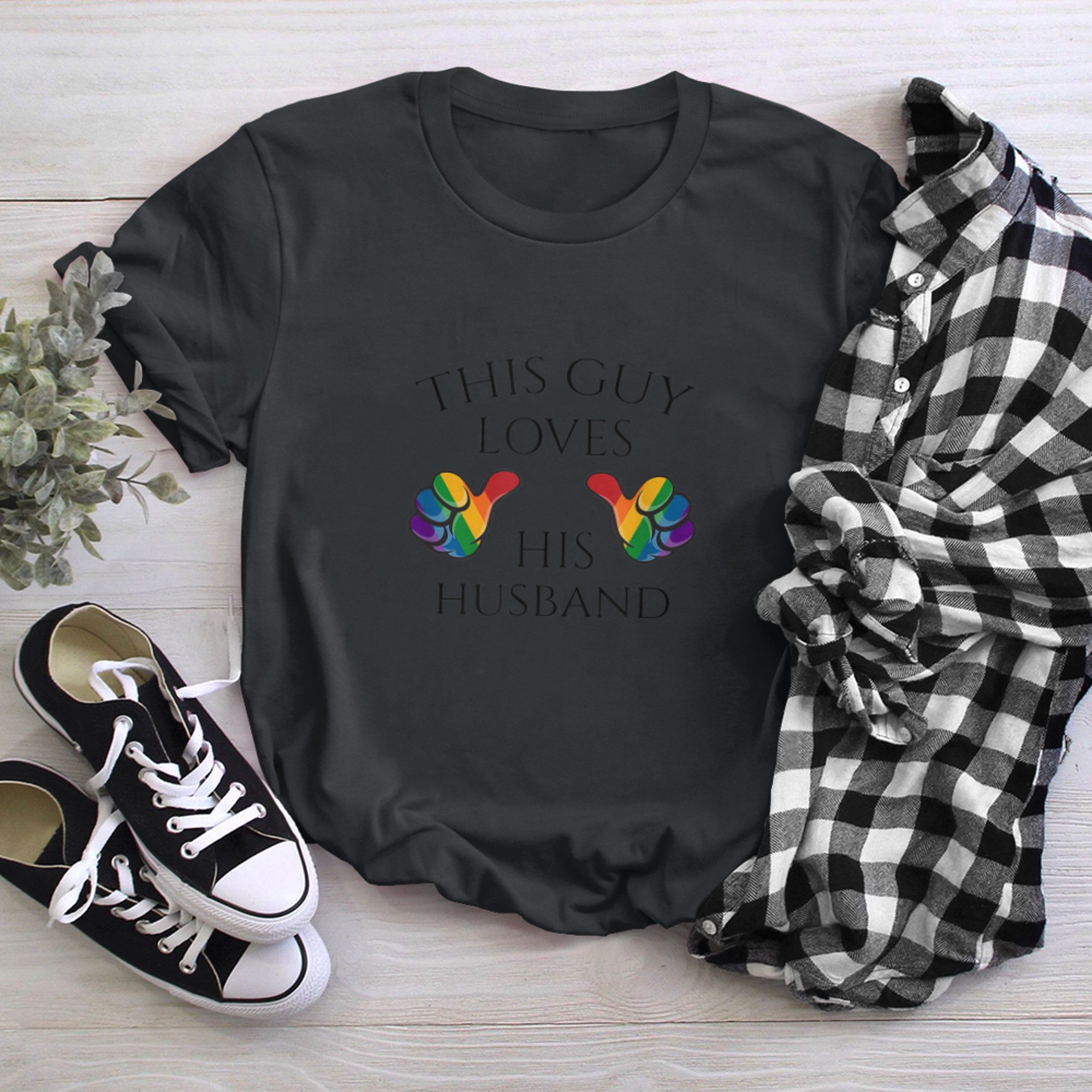 This Guy Loves His Husband Gay Pride Typography with Thumbs t-shirt black