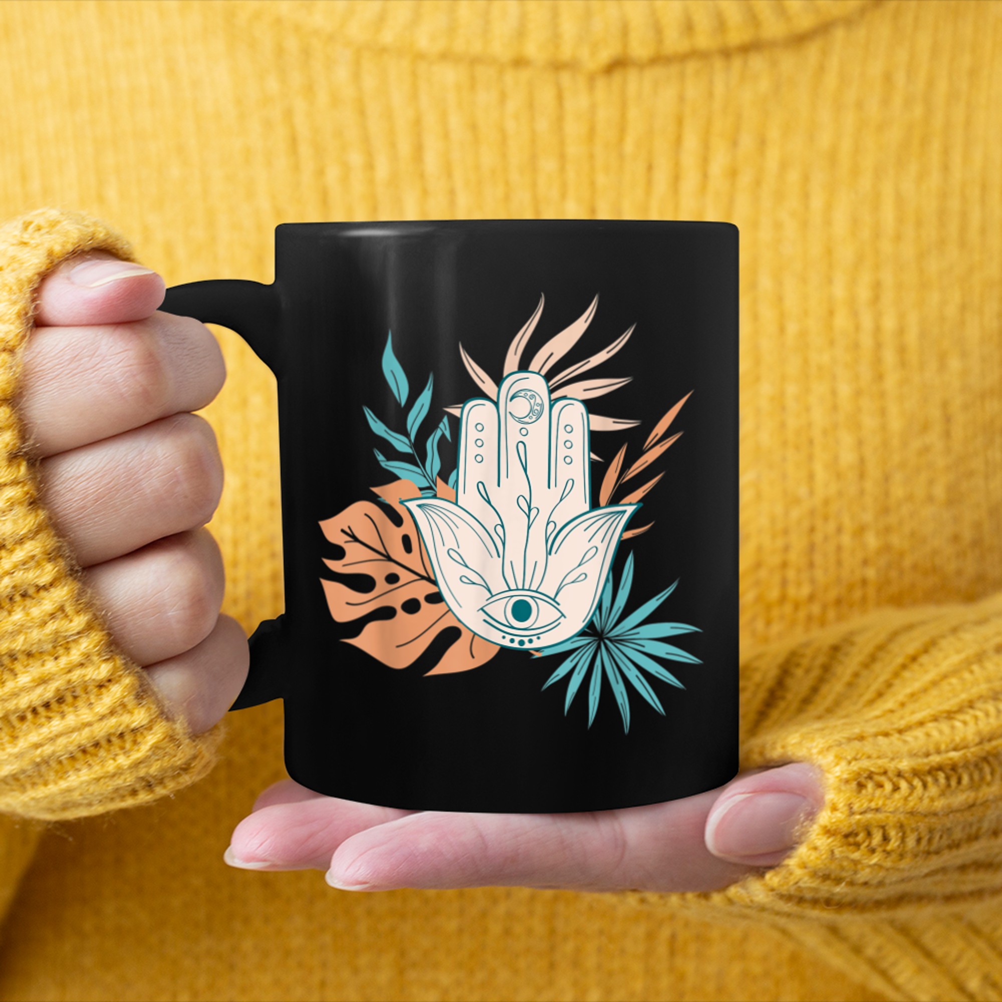 Abstract Yoga Symbol Hamsa Mandala Om With Tropical Leaf mug black