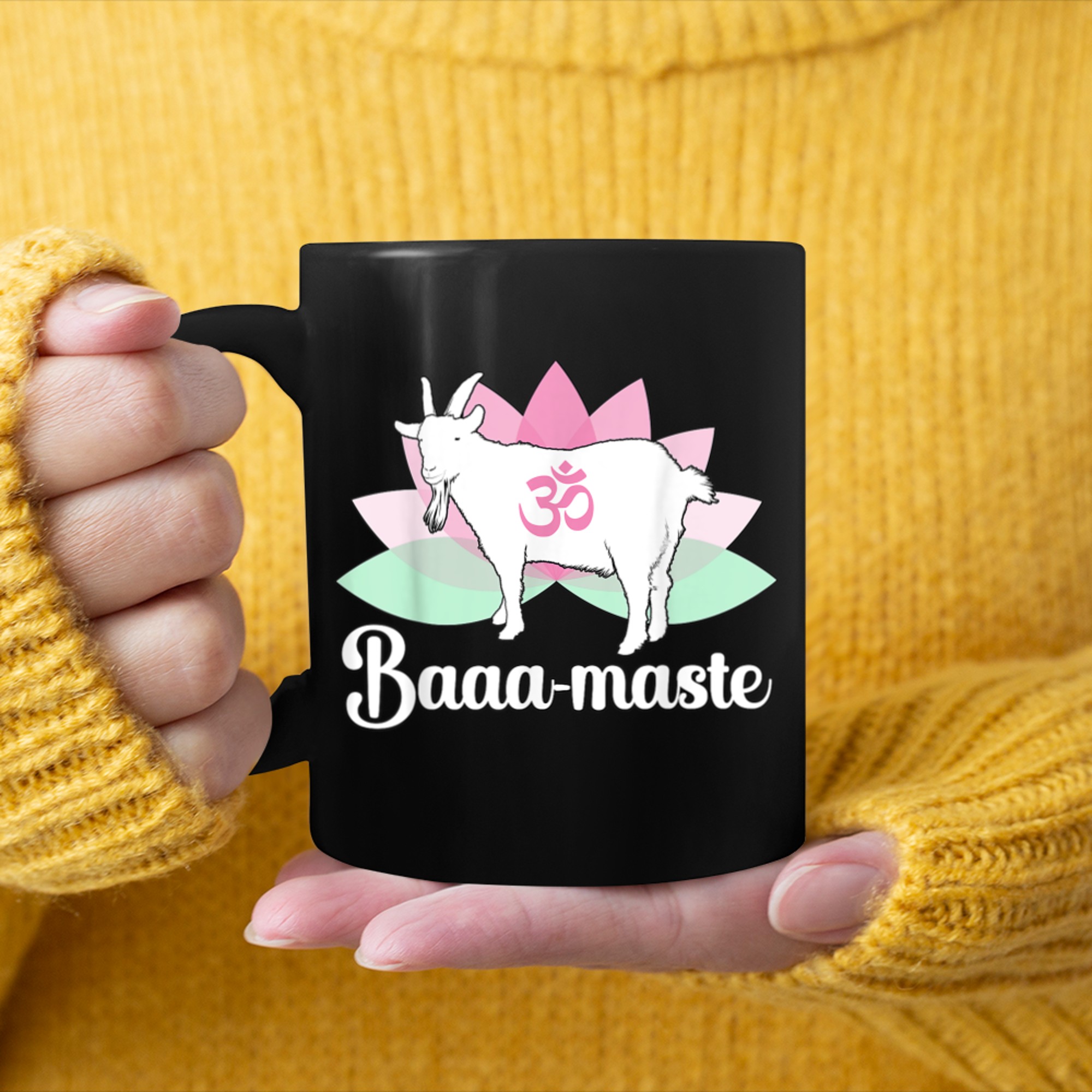 Baaa-maste Goat Yoga Namaste Spiritual Meditation Om Symbol mug black