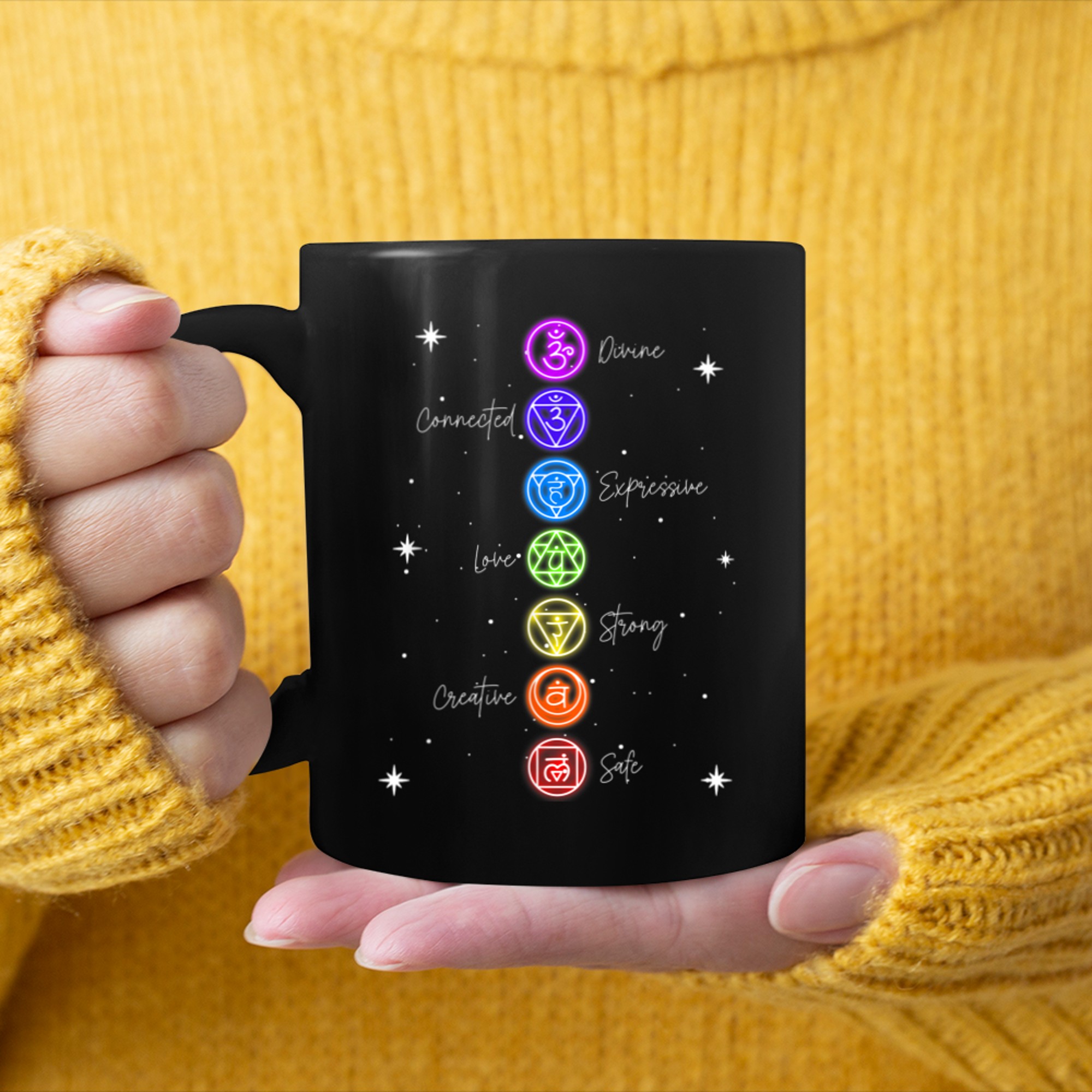 Chakra Chakras Aligned Lotus Mandala Yoga Om Symbol Buddhism (1) mug black