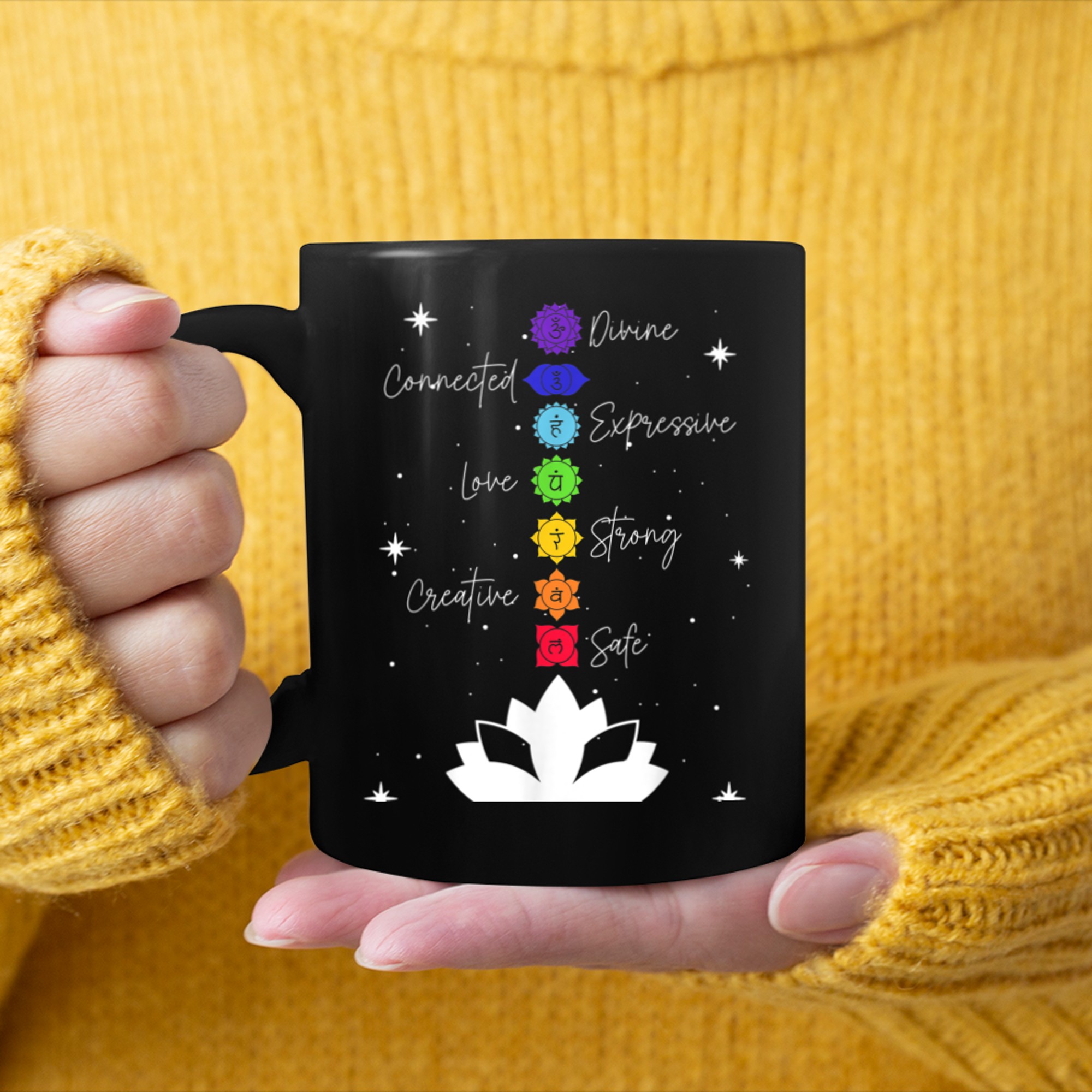 Chakra Chakras Aligned Lotus Mandala Yoga Om Symbol Buddhism mug black